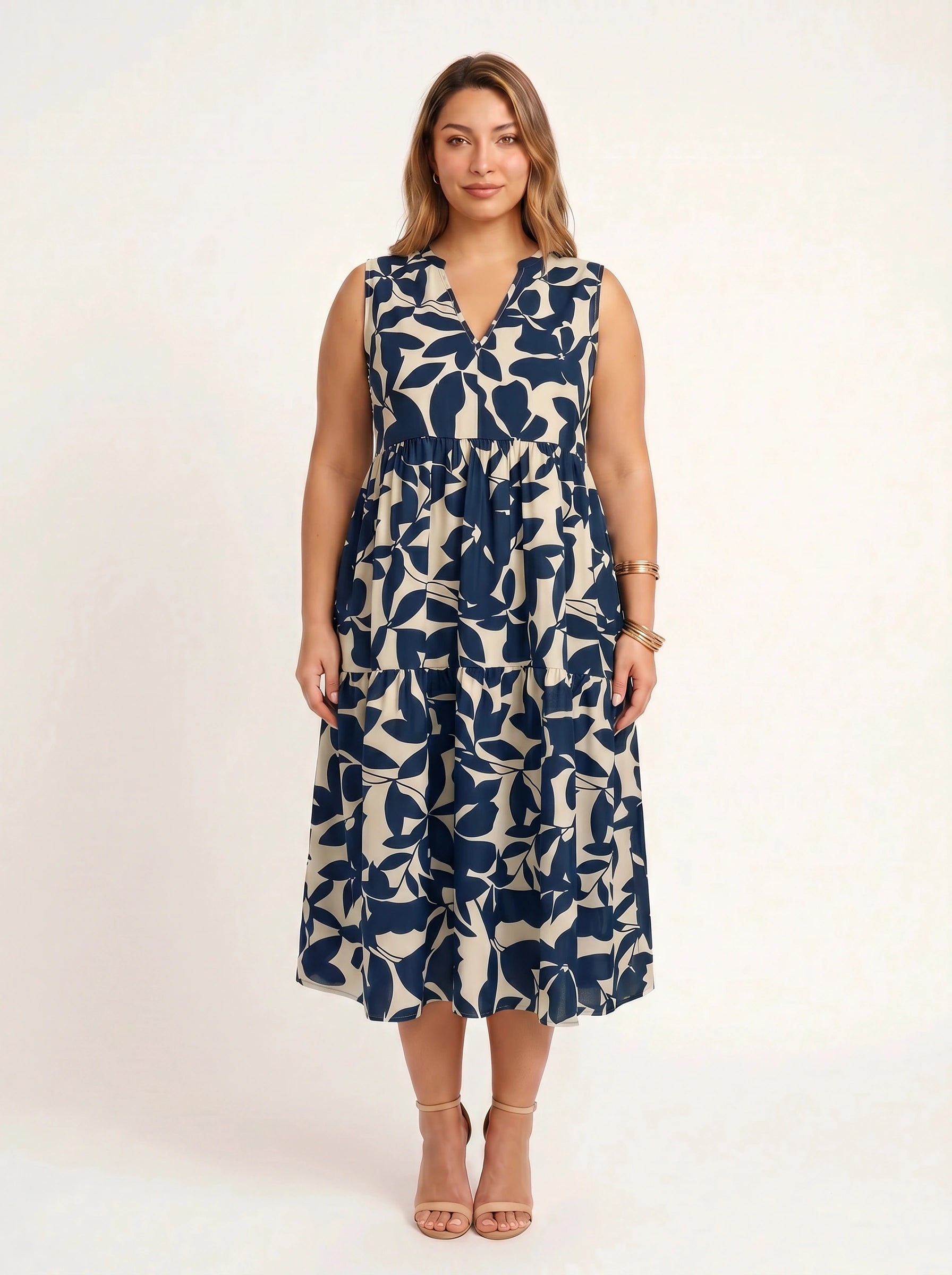 Fogliara V-Neck Tiered Midi Dress – Sleeveless Sundress Women Plus Size Summer Resort Vacation Midi Dress