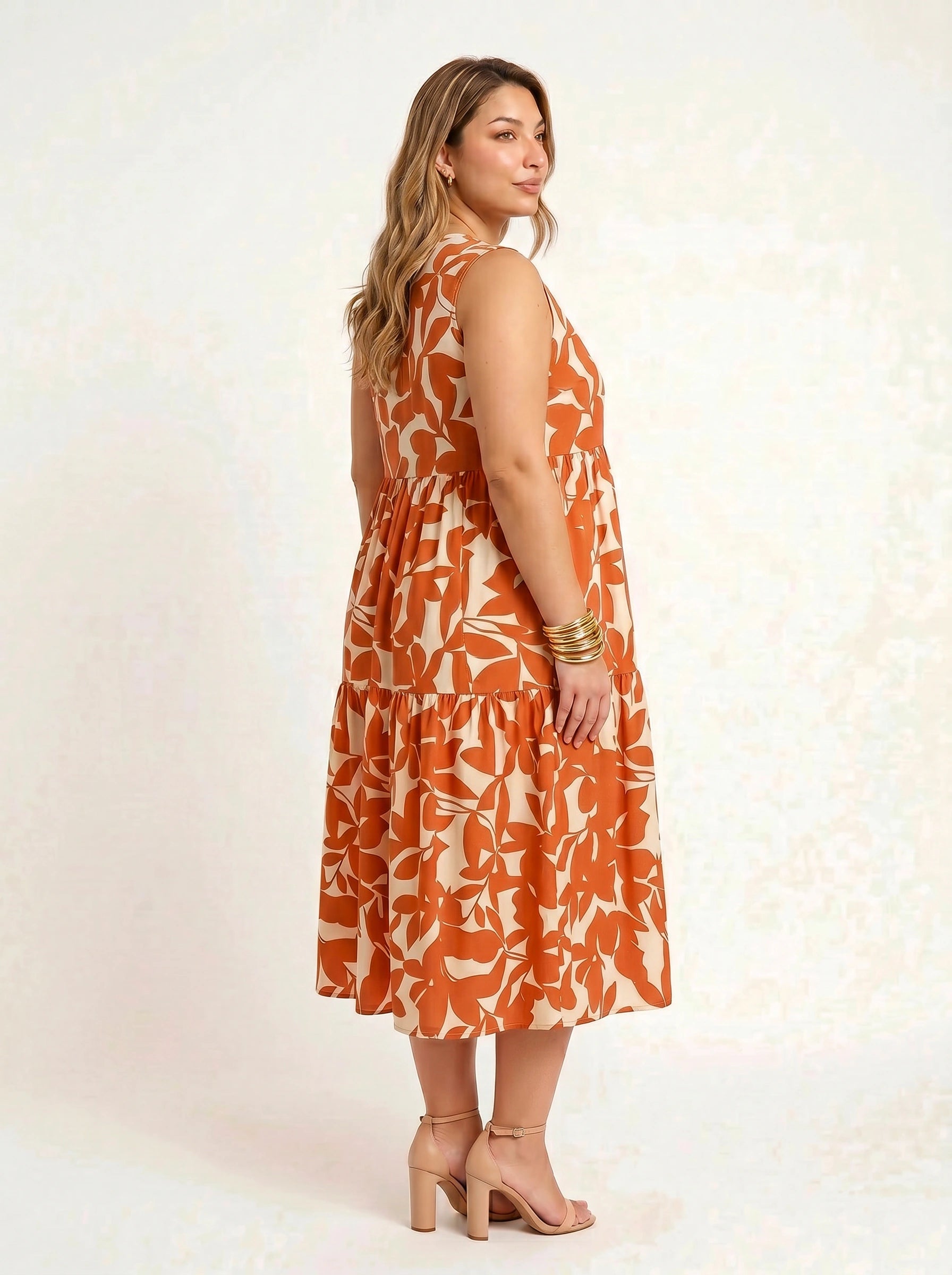 Fogliara V-Neck Tiered Midi Dress – Sleeveless Sundress Women Plus Size Summer Resort Vacation Midi Dress