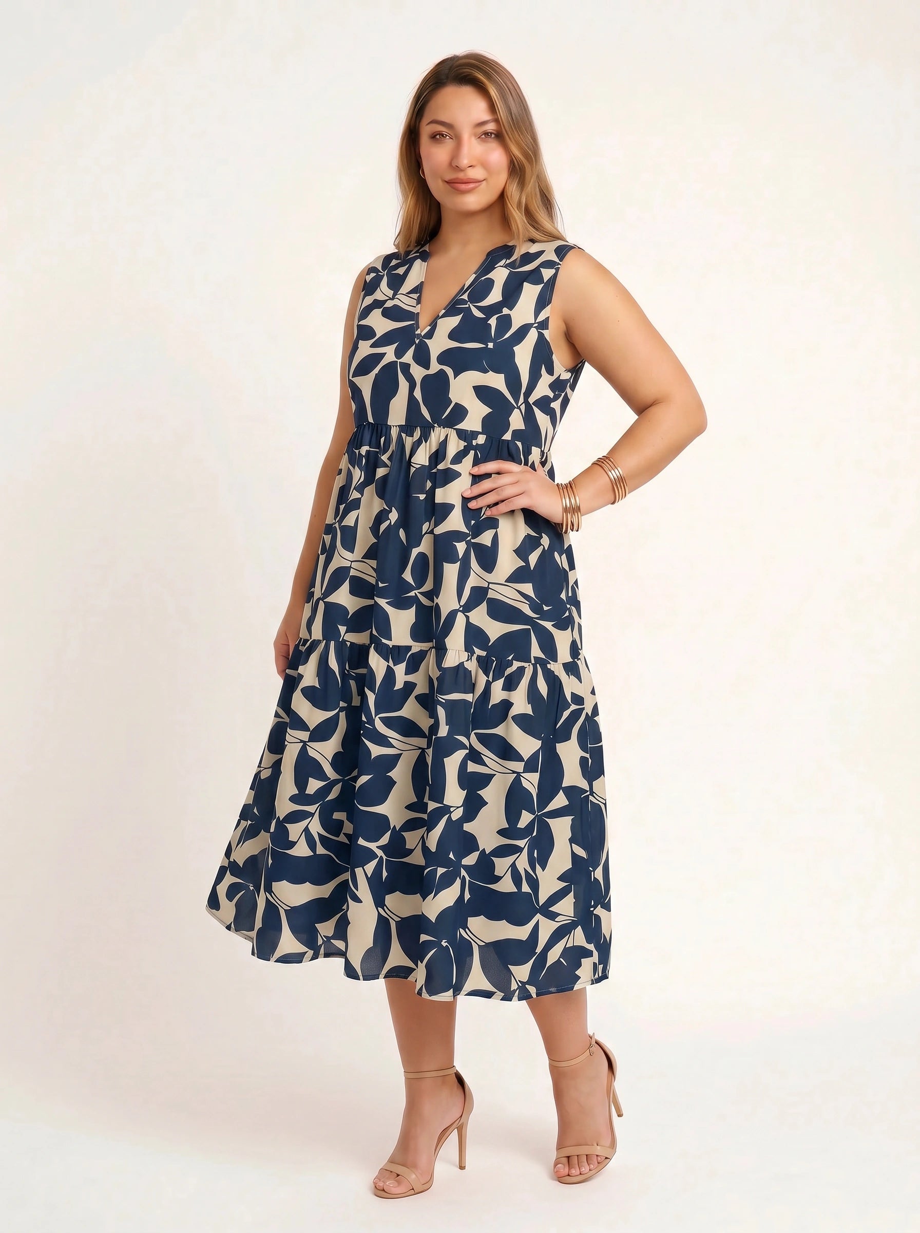 Fogliara V-Neck Tiered Midi Dress – Sleeveless Sundress Women Plus Size Summer Resort Vacation Midi Dress