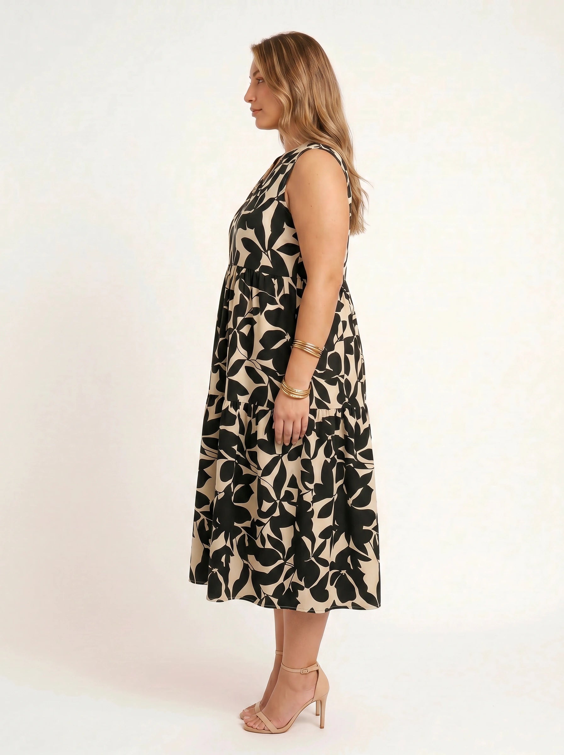 Fogliara V-Neck Tiered Midi Dress – Sleeveless Sundress Women Plus Size Summer Resort Vacation Midi Dress