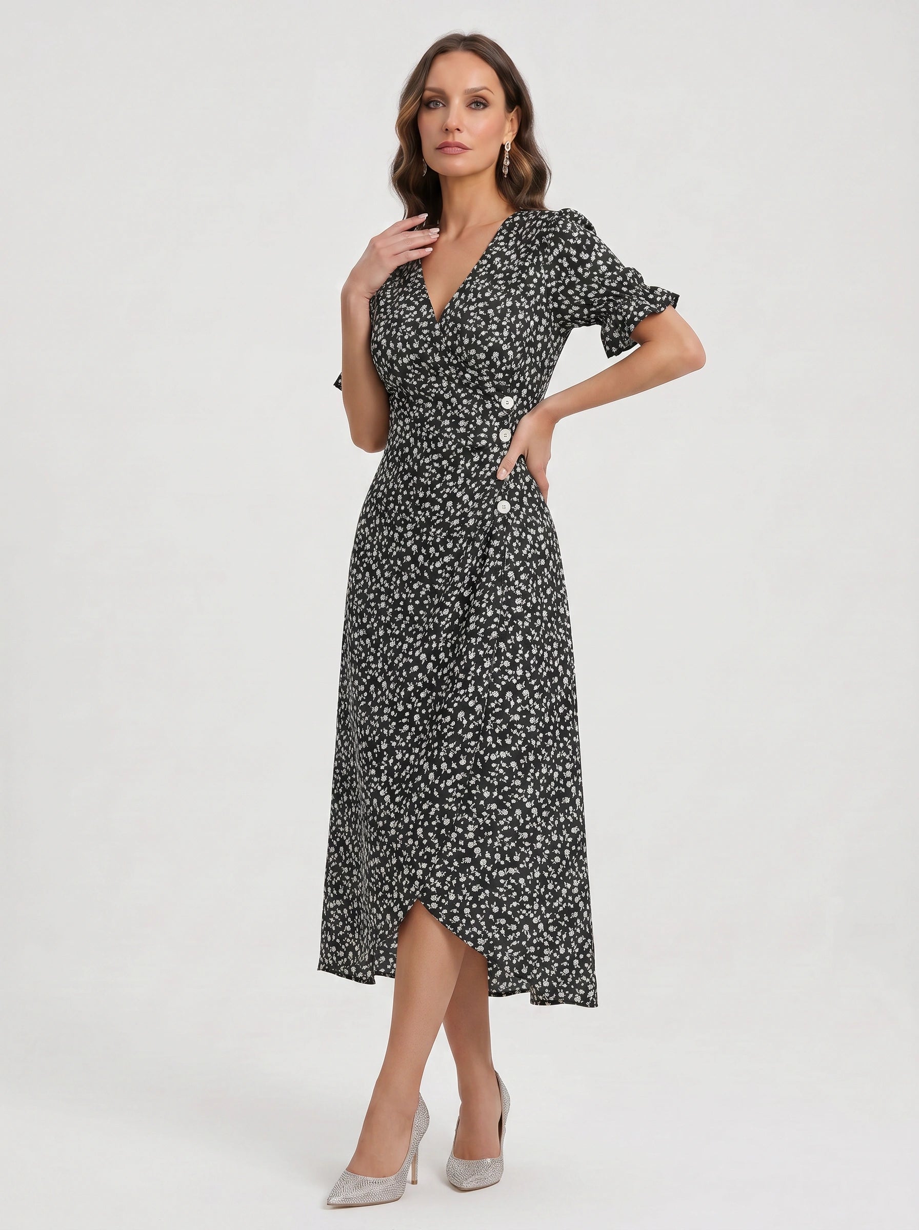 Fioriette Ruffle Sleeve Midi Dress – Women Summer Floral Cocktail Formal Wedding Guest Midi Dress