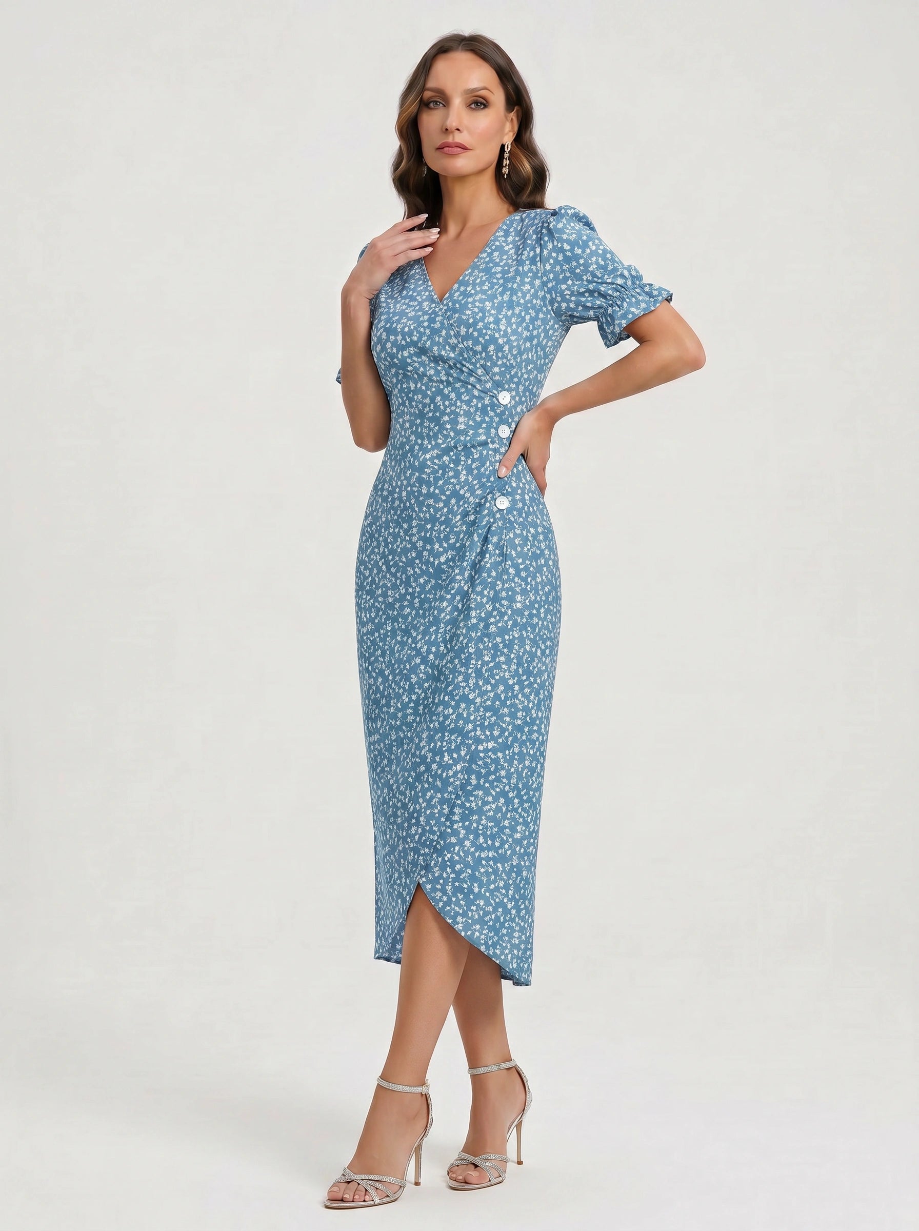 Fioriette Ruffle Sleeve Midi Dress – Women Summer Floral Cocktail Formal Wedding Guest Midi Dress
