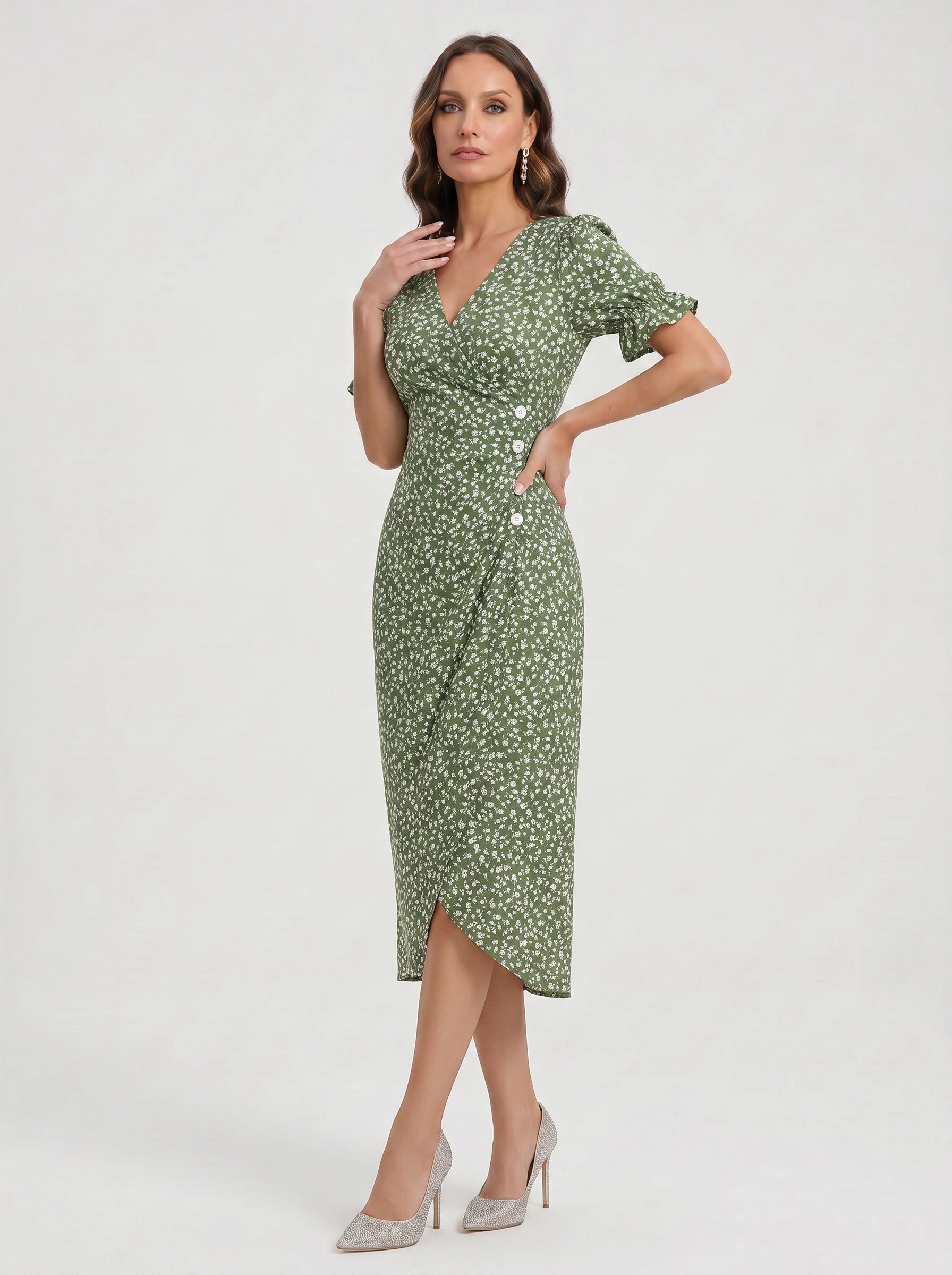 Fioriette Ruffle Sleeve Midi Dress – Women Summer Floral Cocktail Formal Wedding Guest Midi Dress