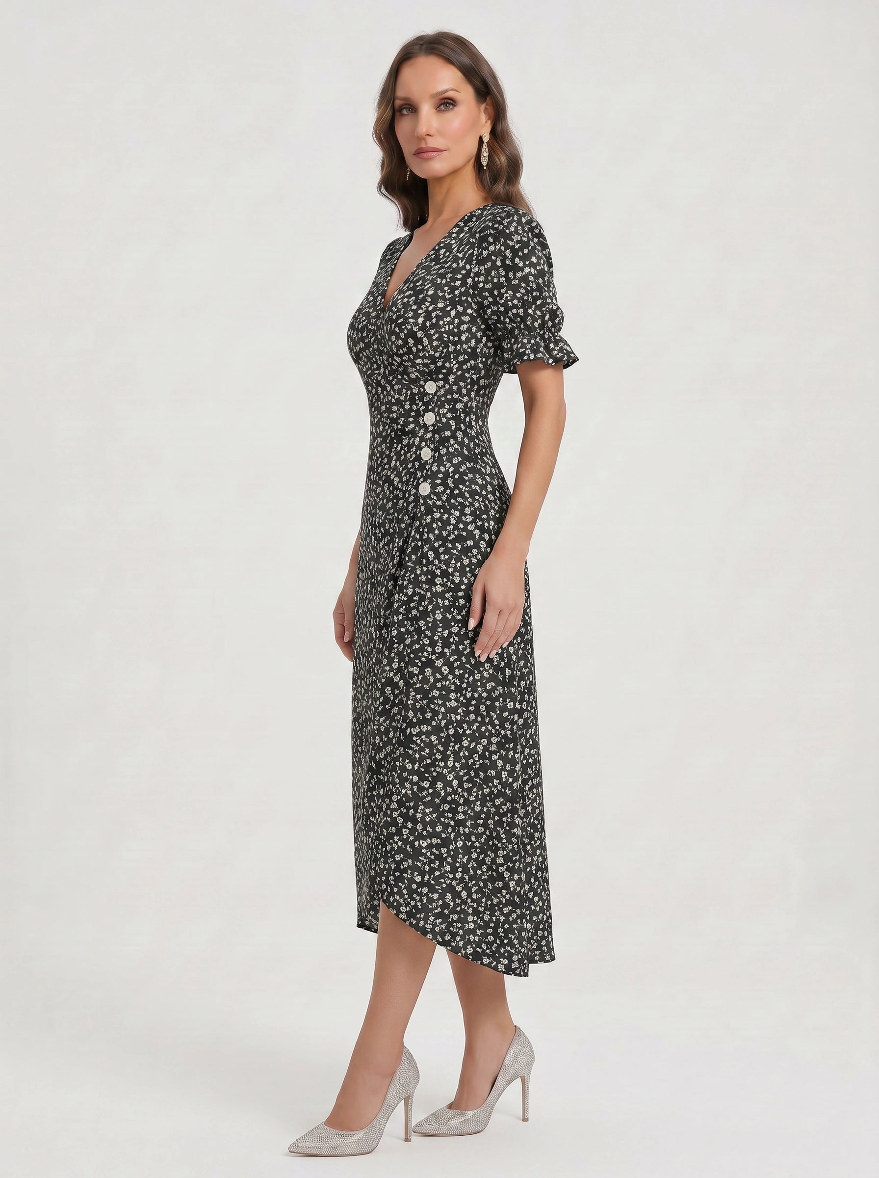 Fioriette Ruffle Sleeve Midi Dress – Women Summer Floral Cocktail Formal Wedding Guest Midi Dress