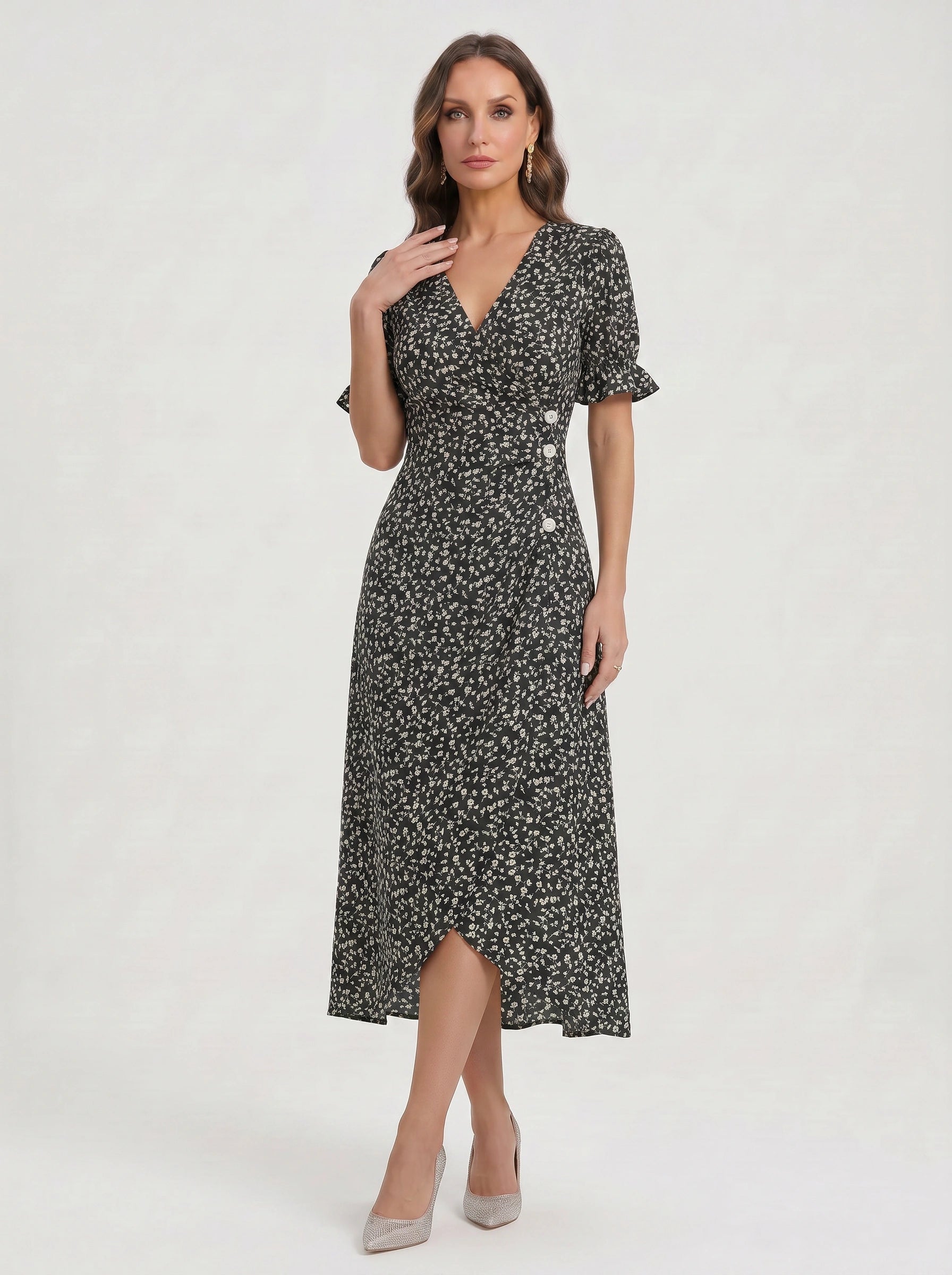 Fioriette Ruffle Sleeve Midi Dress – Women Summer Floral Cocktail Formal Wedding Guest Midi Dress