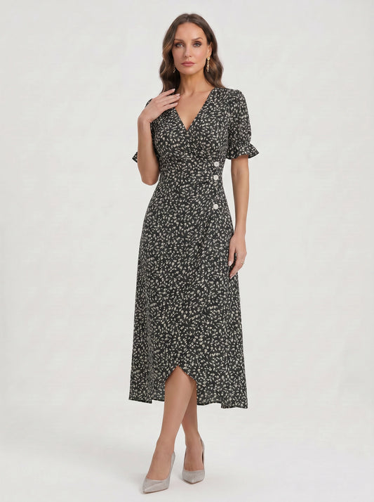 Fioriette Ruffle Sleeve Midi Dress – Women Summer Floral Cocktail Formal Wedding Guest Midi Dress