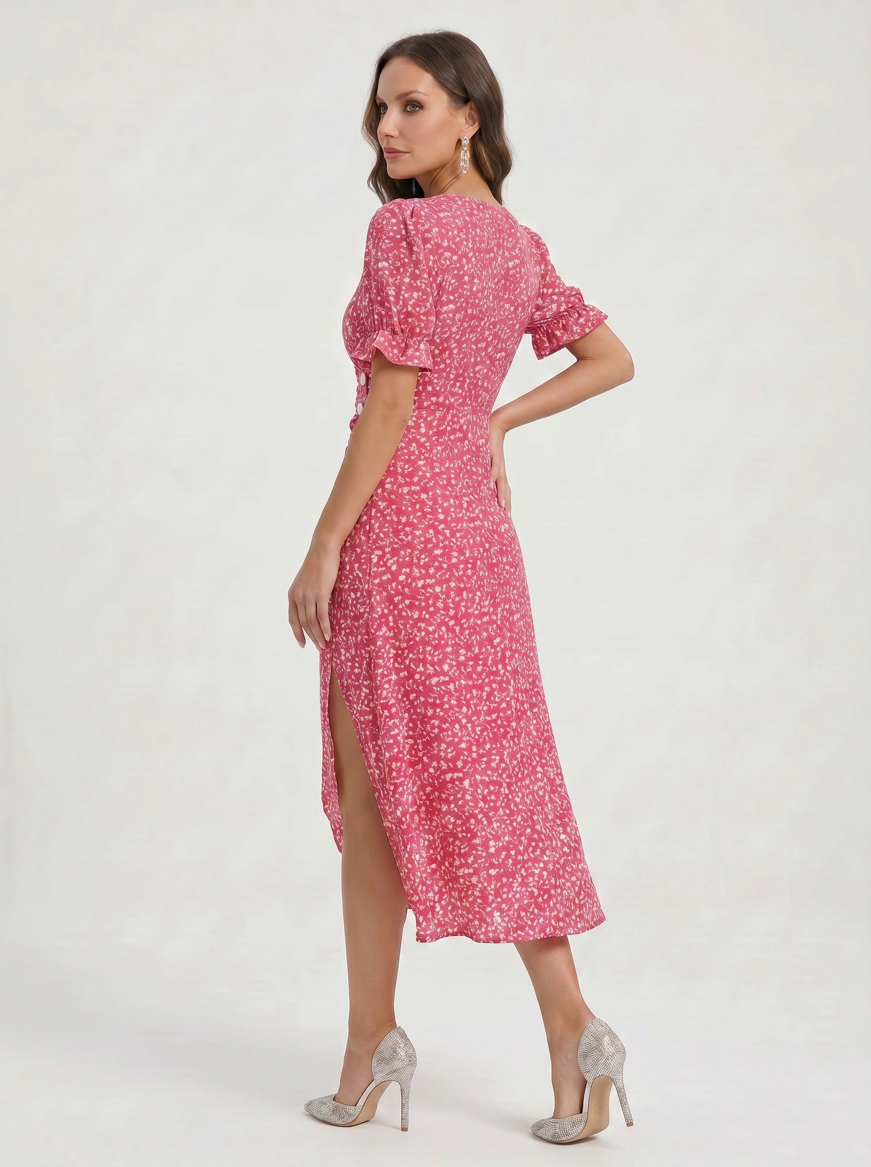 Fioriette Ruffle Sleeve Midi Dress – Women Summer Floral Cocktail Formal Wedding Guest Midi Dress