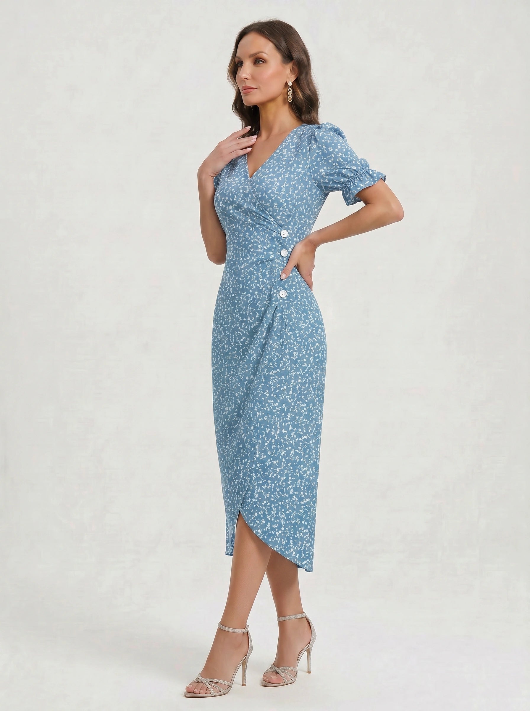 Fioriette Ruffle Sleeve Midi Dress – Women Summer Floral Cocktail Formal Wedding Guest Midi Dress