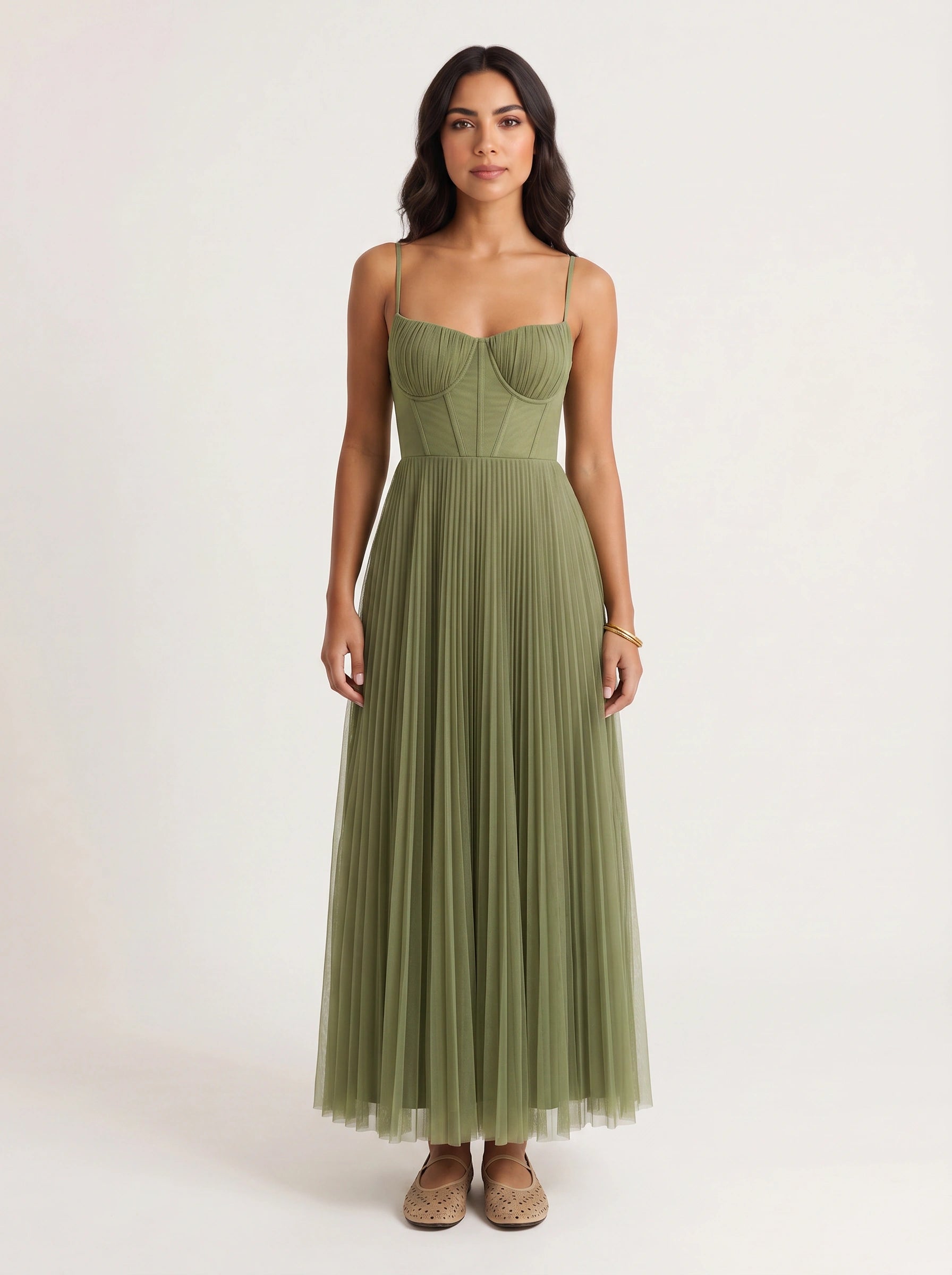 Piegarosa Pleated Bustier Maxi Dress – Sage Green Tulle Corset Women Formal Wedding Guest Evening Maxi Dress