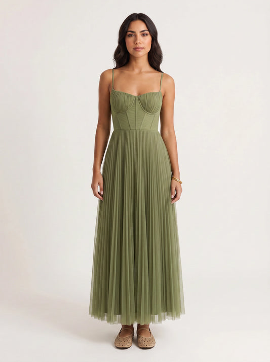 Piegarosa Pleated Bustier Maxi Dress – Sage Green Tulle Corset Women Formal Wedding Guest Evening Maxi Dress