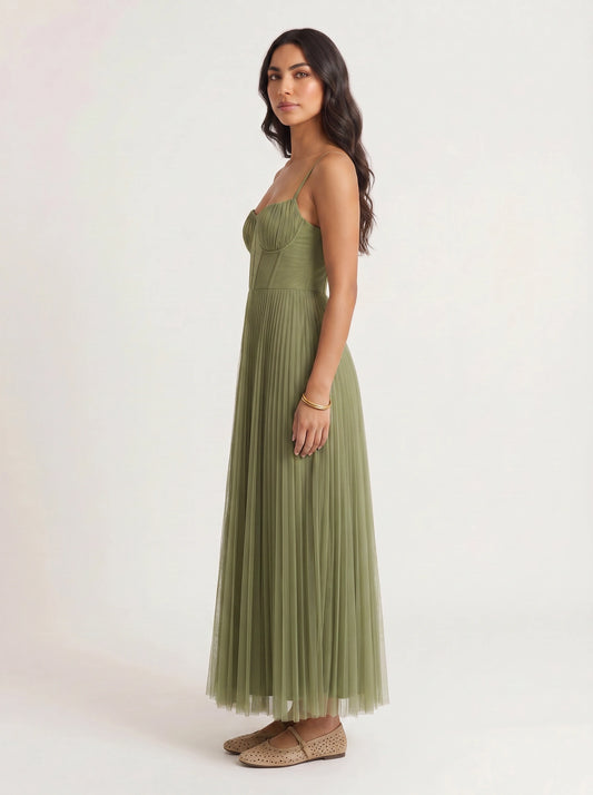 Piegarosa Pleated Bustier Maxi Dress – Sage Green Tulle Corset Women Formal Wedding Guest Evening Maxi Dress