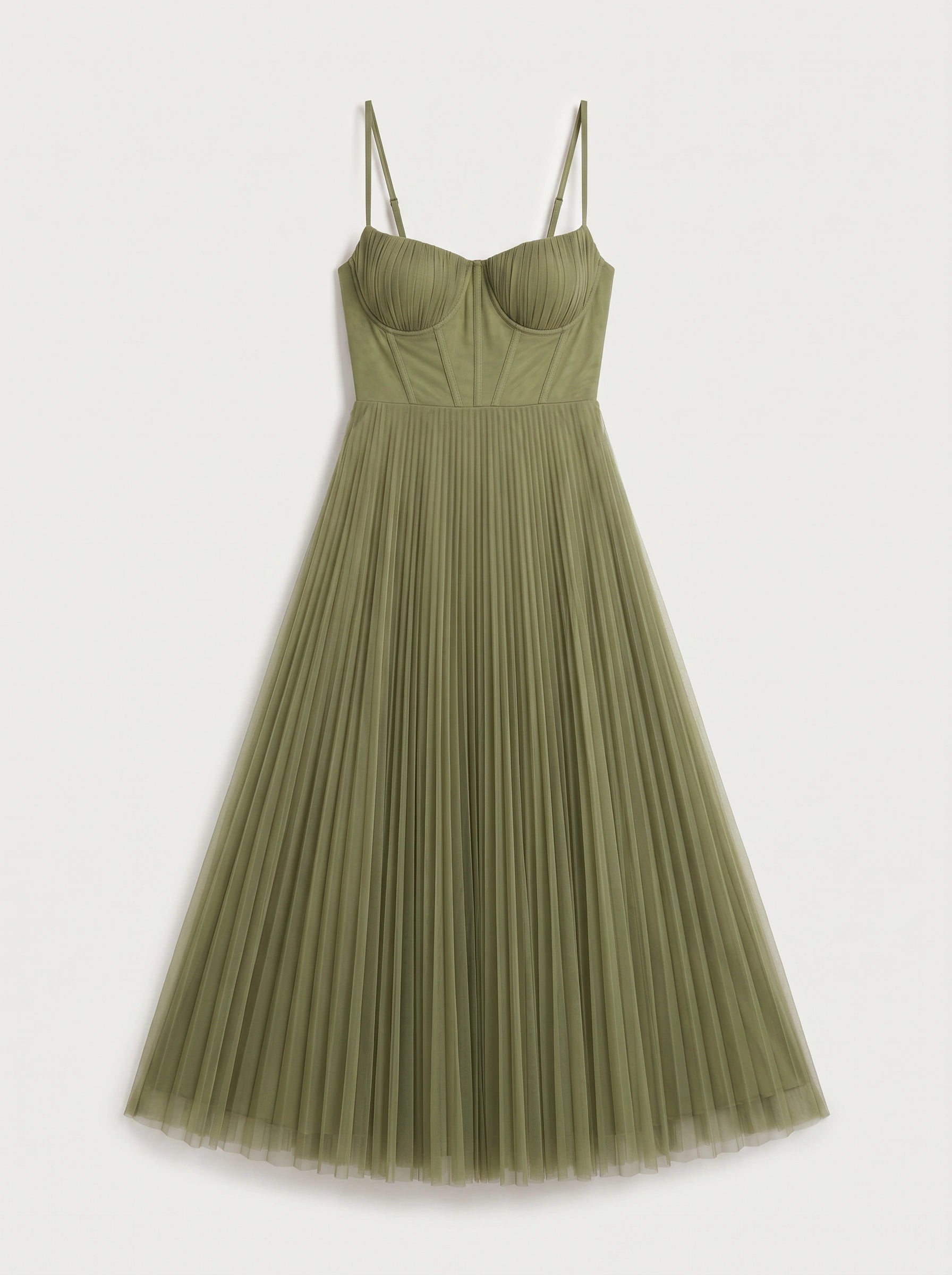 Piegarosa Pleated Bustier Maxi Dress – Sage Green Tulle Corset Women Formal Wedding Guest Evening Maxi Dress