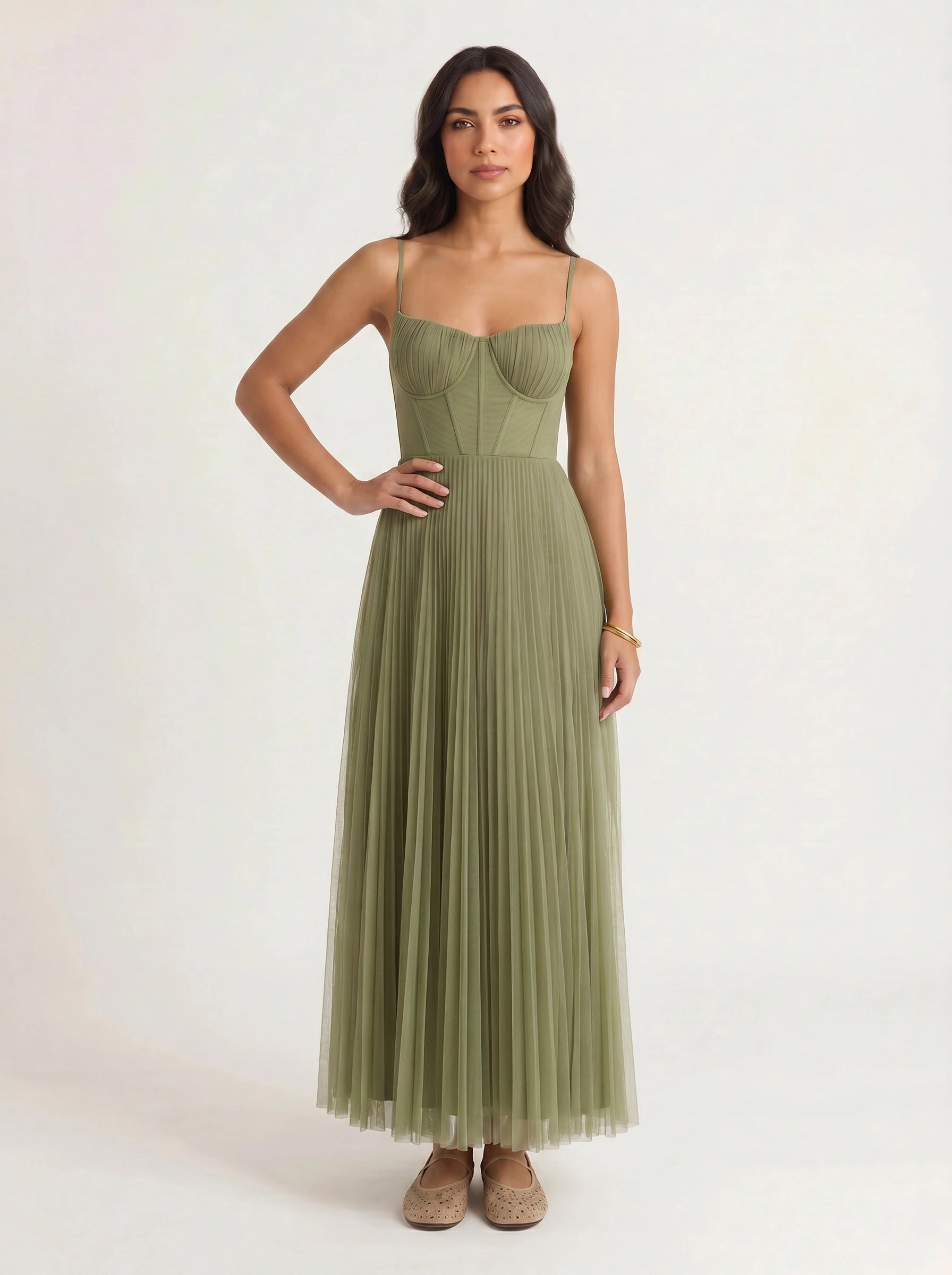 Piegarosa Pleated Bustier Maxi Dress – Sage Green Tulle Corset Women Formal Wedding Guest Evening Maxi Dress
