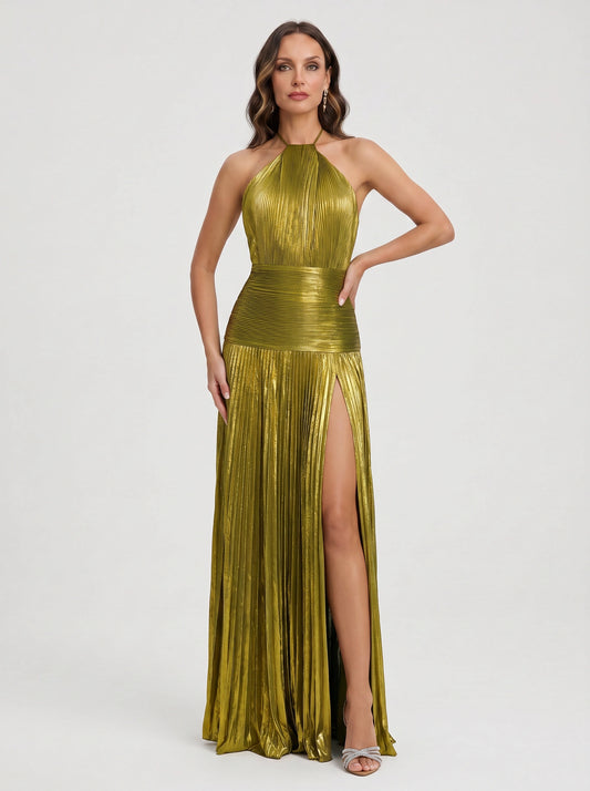 Plisette Halter Pleated Maxi Dress – Metallic Gold Women Formal Cocktail Evening Wedding Guest High Slit Maxi Dress