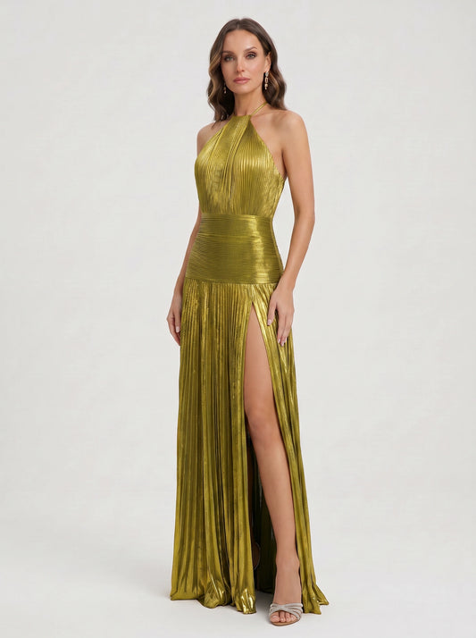 Plisette Halter Pleated Maxi Dress – Metallic Gold Women Formal Cocktail Evening Wedding Guest High Slit Maxi Dress