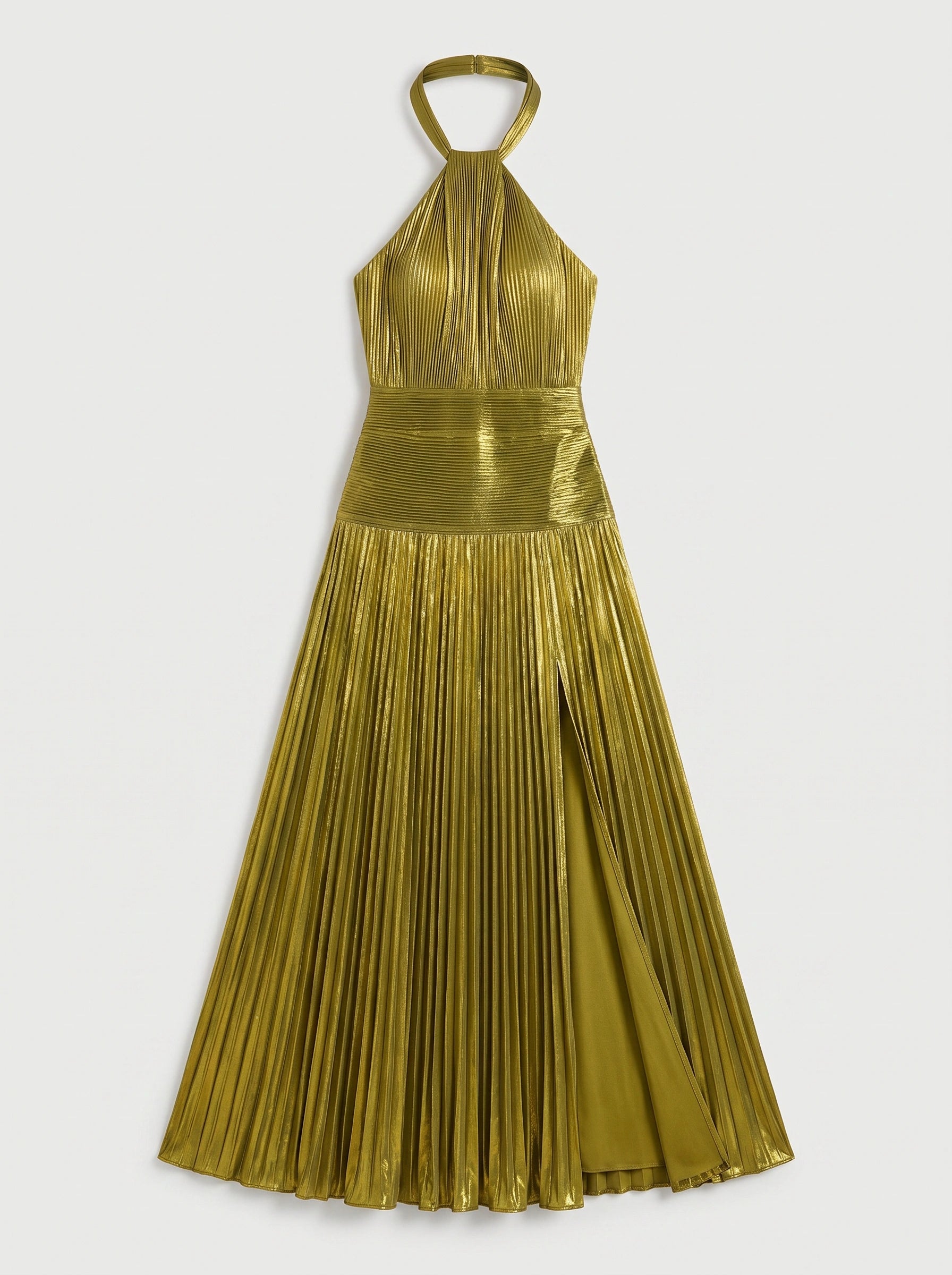 Plisette Halter Pleated Maxi Dress – Metallic Gold Women Formal Cocktail Evening Wedding Guest High Slit Maxi Dress