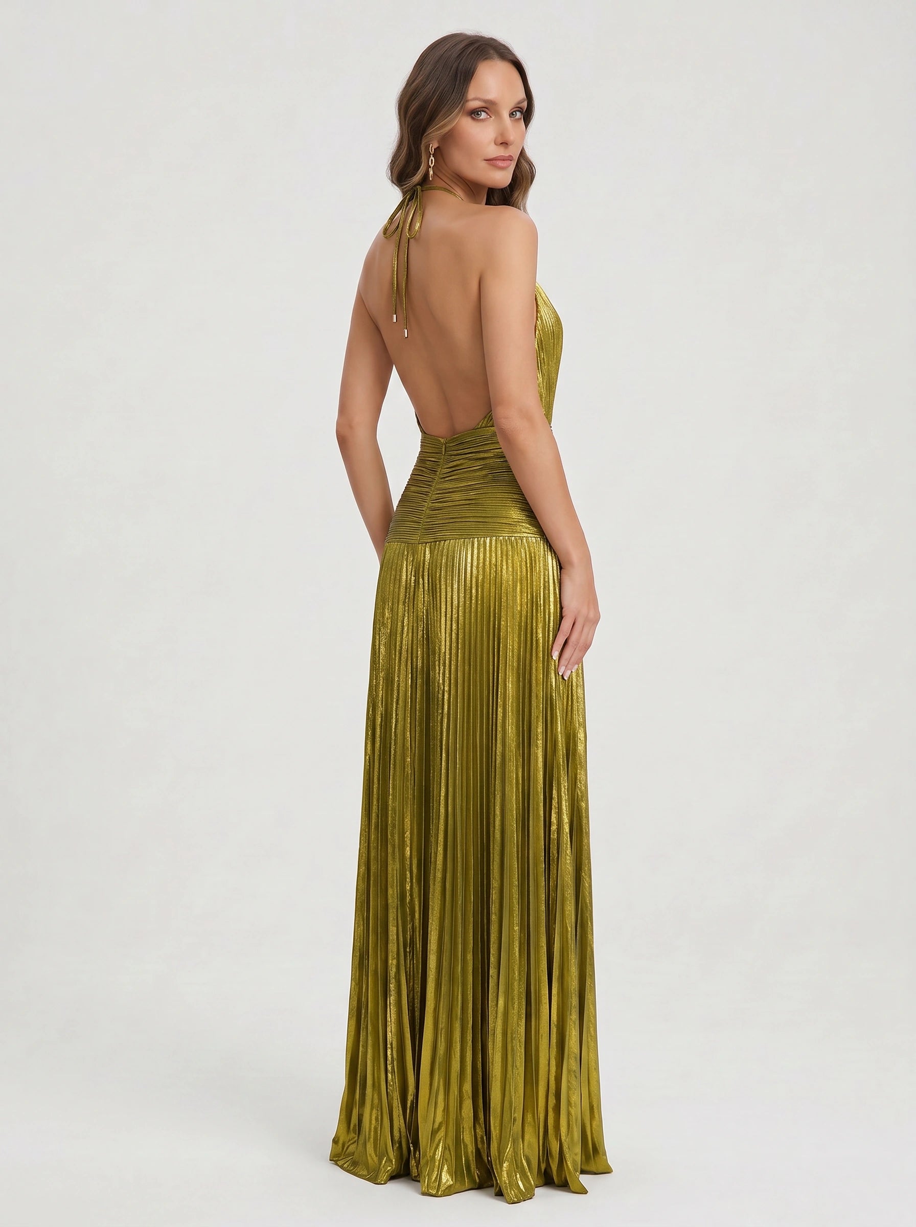 Plisette Halter Pleated Maxi Dress – Metallic Gold Women Formal Cocktail Evening Wedding Guest High Slit Maxi Dress