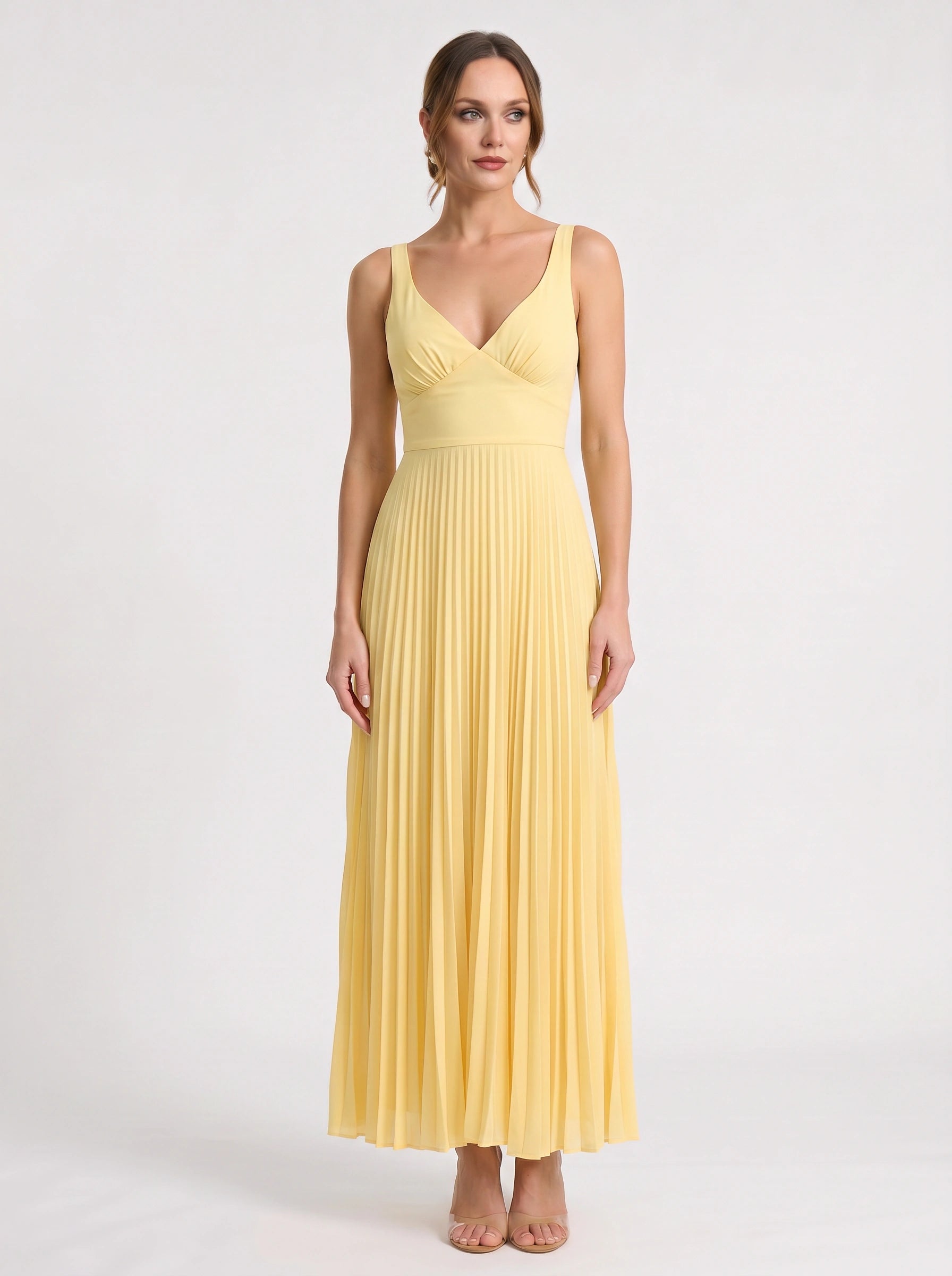 Solaire Pleated V-Neck Maxi Dress – Women Yellow Summer Wedding Guest Cocktail Formal Sundress Maxi Dress
