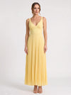 Solaire Pleated V-Neck Maxi Dress – Women Yellow Summer Wedding Guest Cocktail Formal Sundress Maxi Dress
