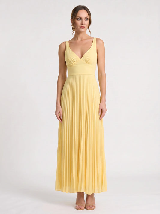 Solaire Pleated V-Neck Maxi Dress – Women Yellow Summer Wedding Guest Cocktail Formal Sundress Maxi Dress