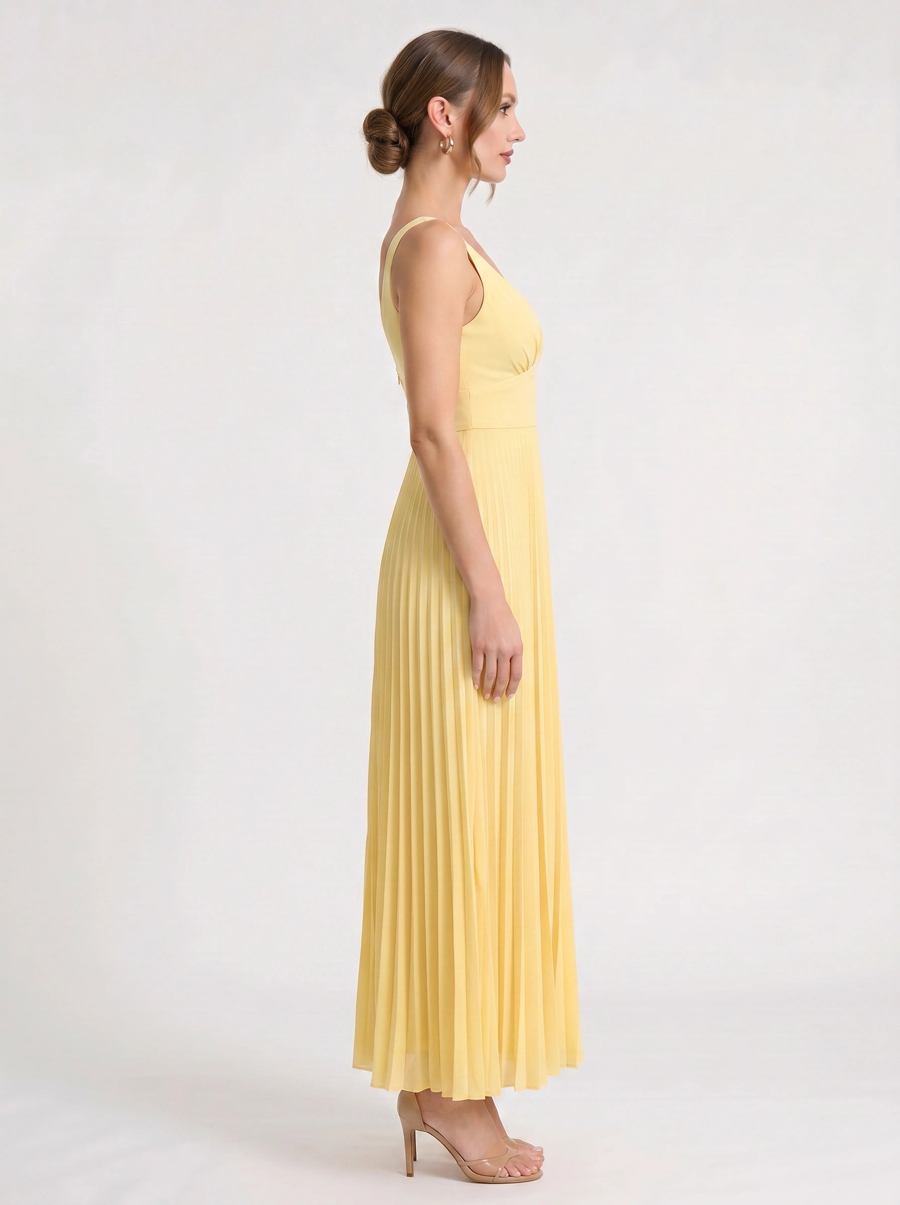 Solaire Pleated V-Neck Maxi Dress – Women Yellow Summer Wedding Guest Cocktail Formal Sundress Maxi Dress