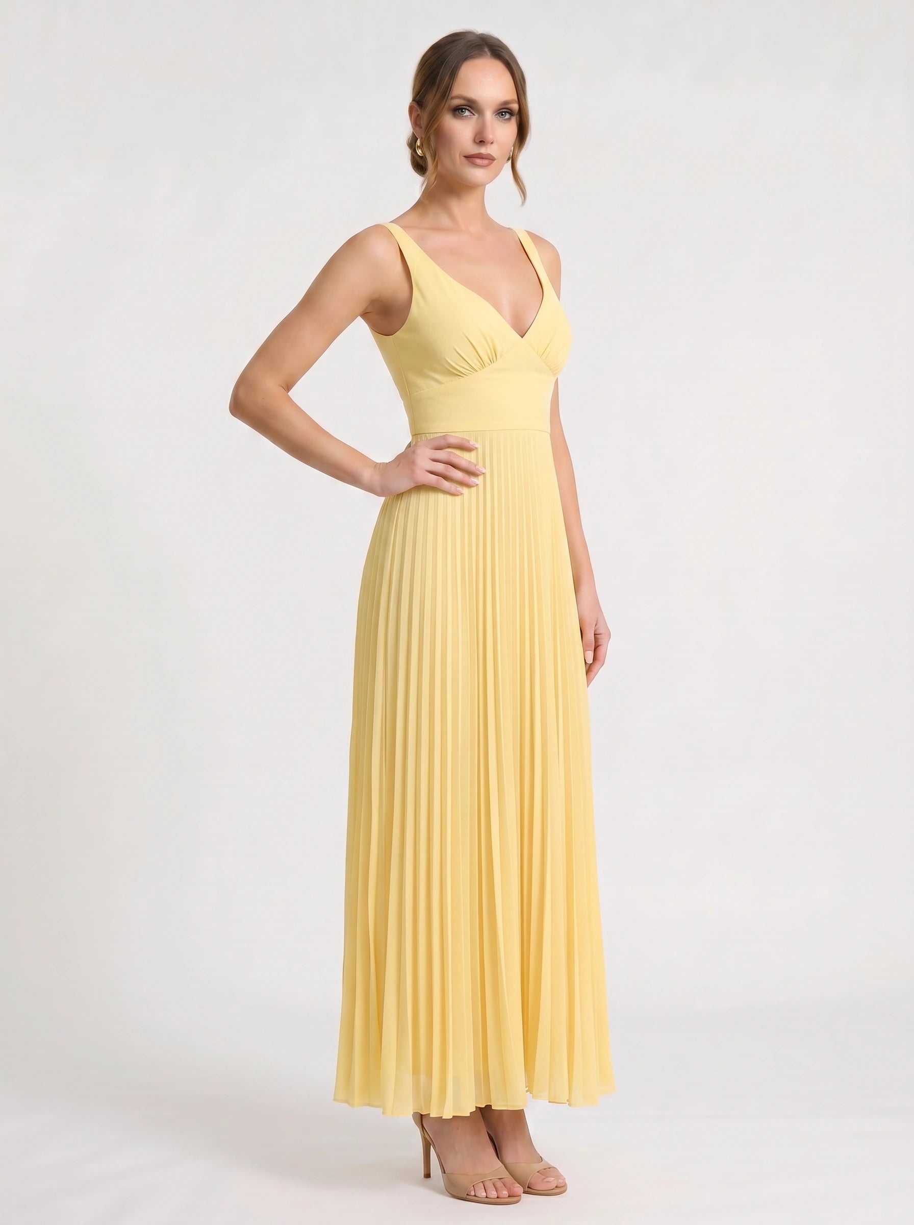 Solaire Pleated V-Neck Maxi Dress – Women Yellow Summer Wedding Guest Cocktail Formal Sundress Maxi Dress