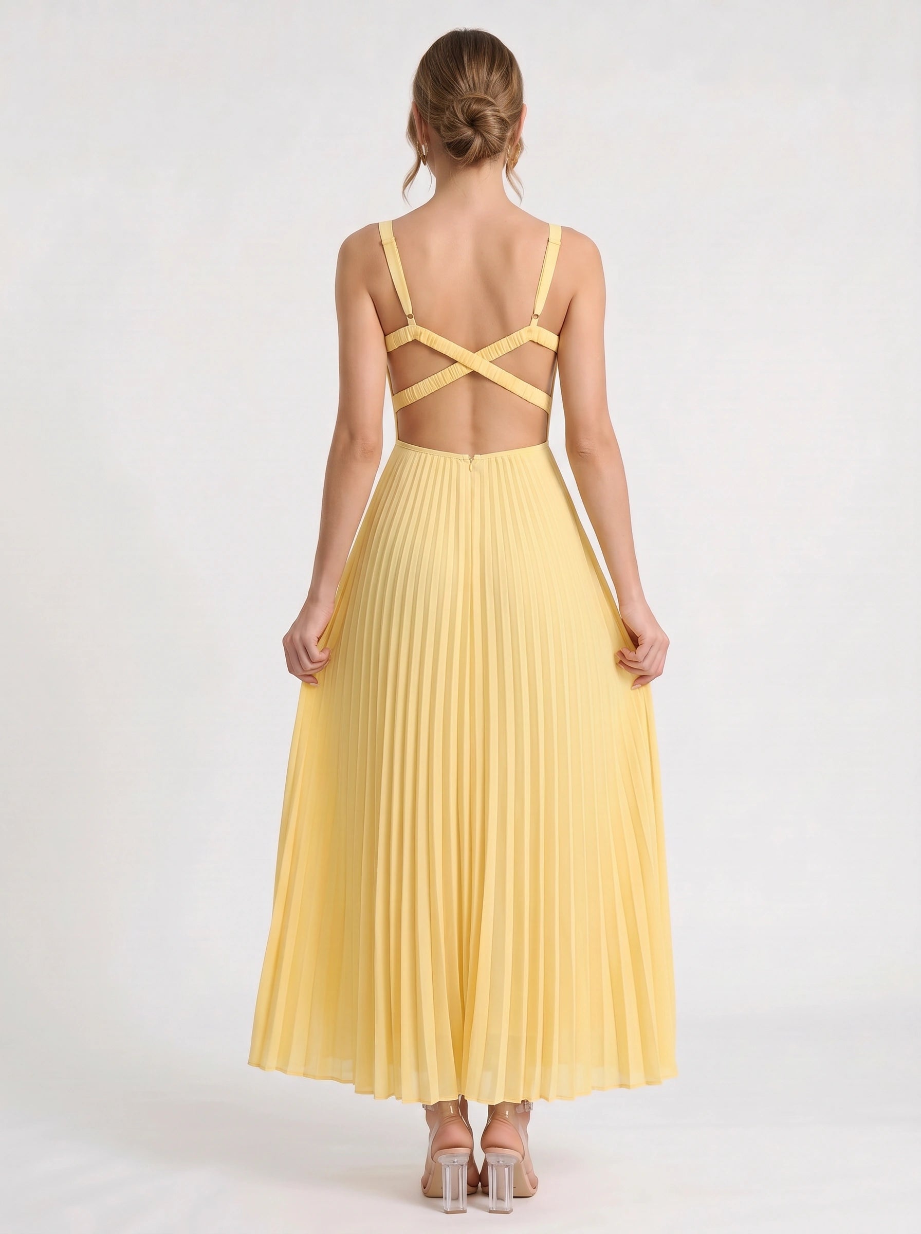 Solaire Pleated V-Neck Maxi Dress – Women Yellow Summer Wedding Guest Cocktail Formal Sundress Maxi Dress