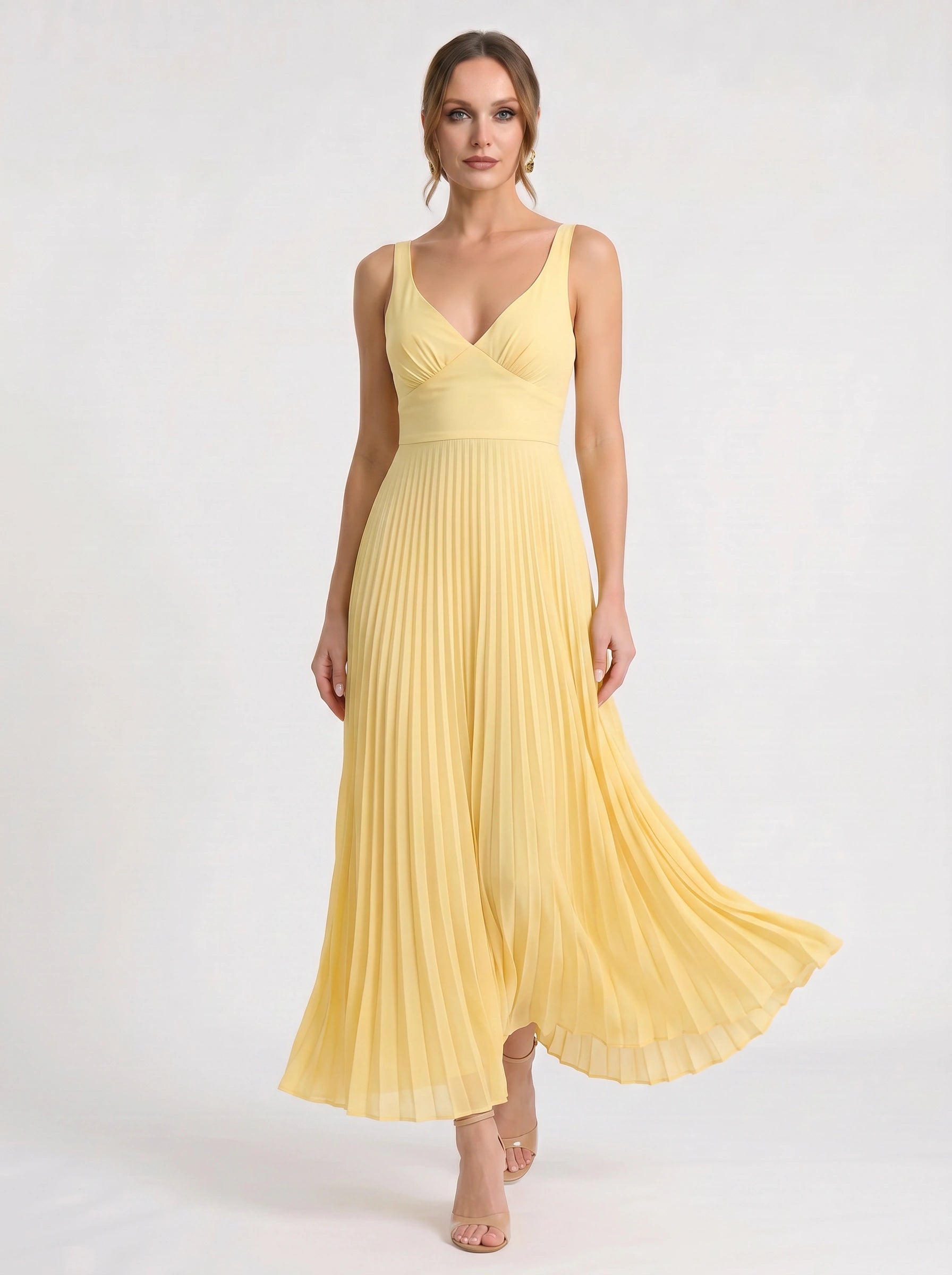 Solaire Pleated V-Neck Maxi Dress – Women Yellow Summer Wedding Guest Cocktail Formal Sundress Maxi Dress