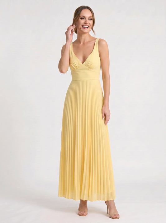 Solaire Pleated V-Neck Maxi Dress – Women Yellow Summer Wedding Guest Cocktail Formal Sundress Maxi Dress