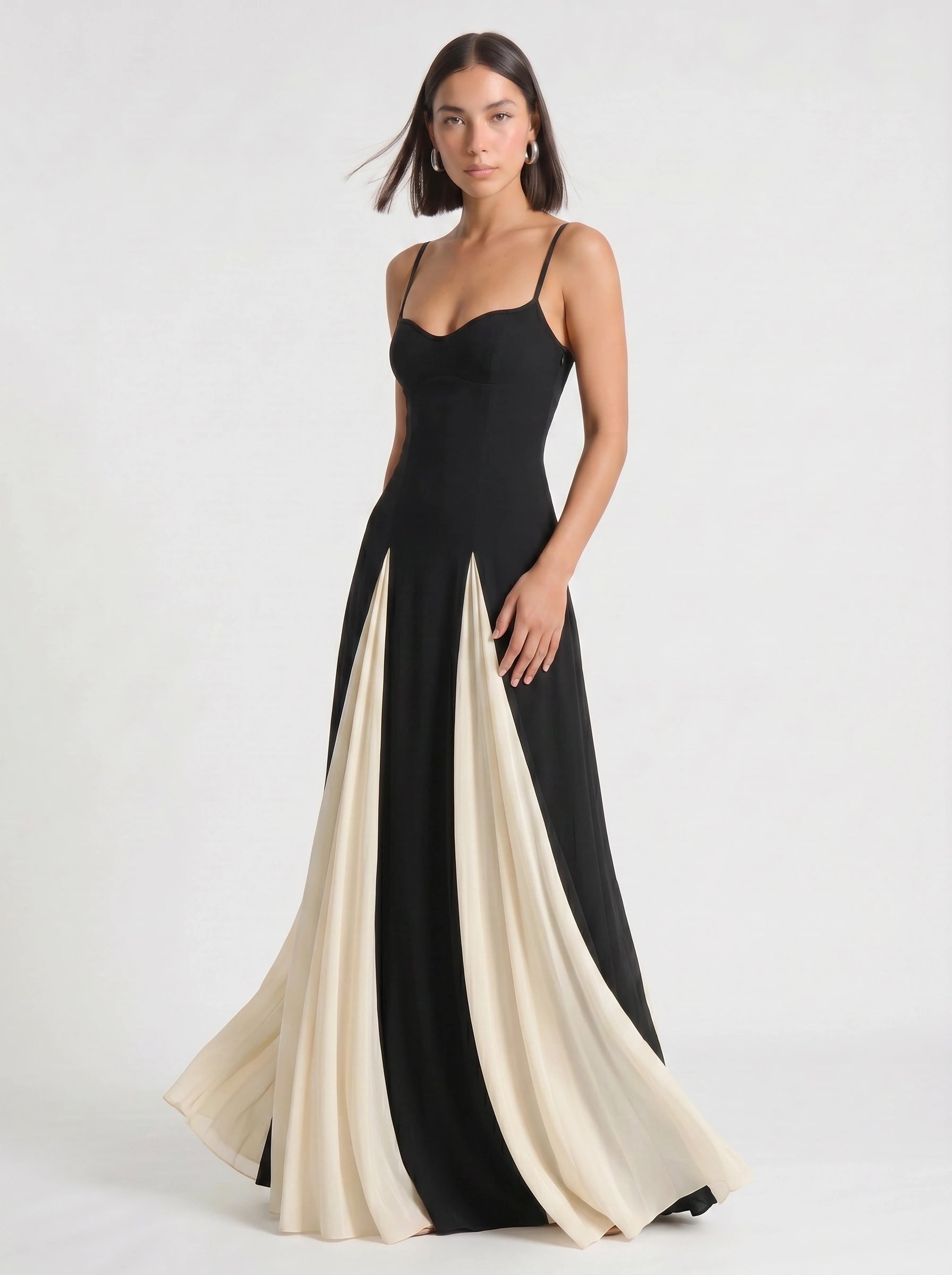 Contrascia Colorblock Maxi Gown Dress – Black White Wedding Guest Formal Evening Women Fall Maxi Dress