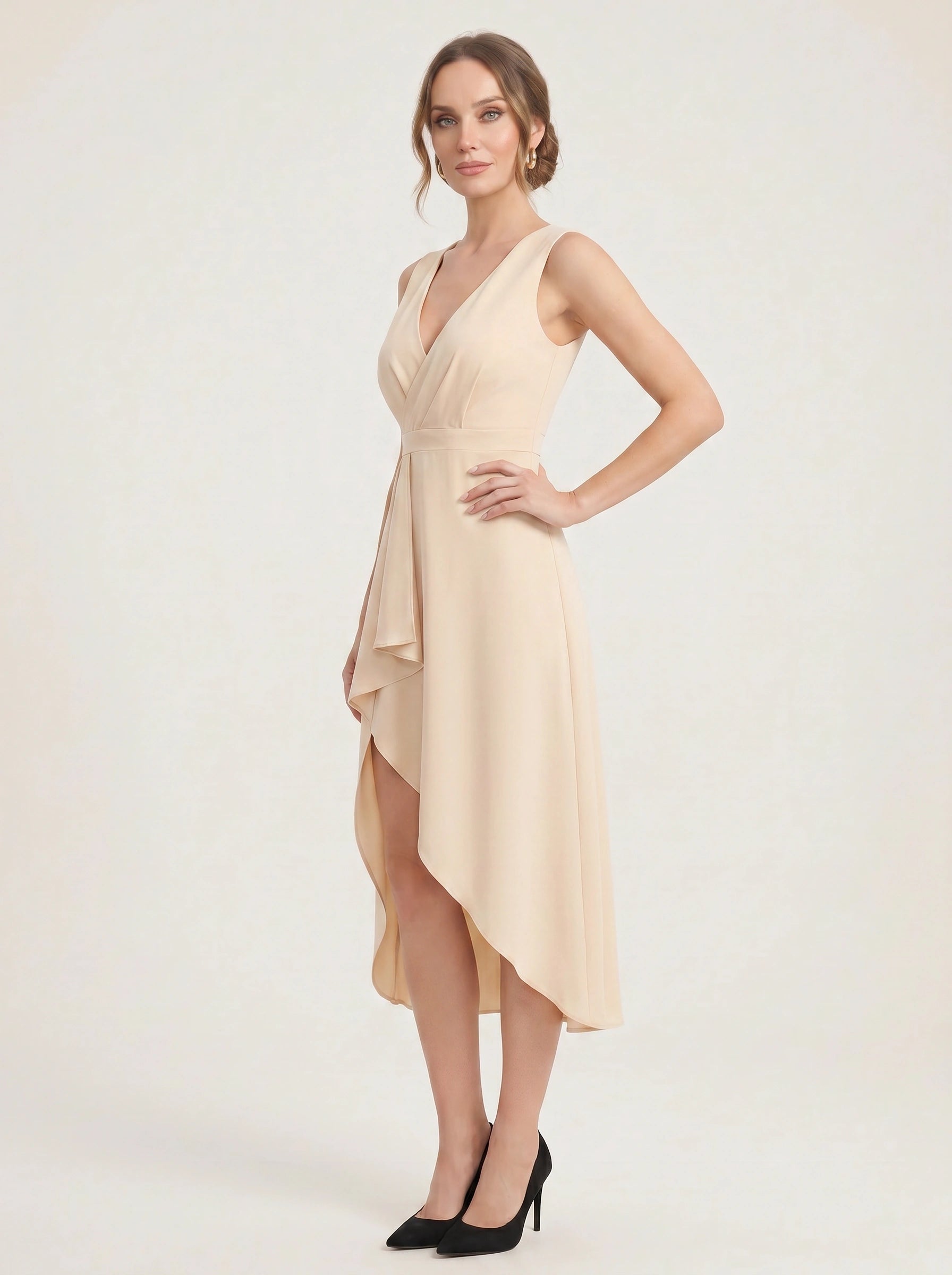 Envela Tuxedo Wrap Midi Dress – Sleeveless Wrap Dress Women Formal Wedding Guest Peach Champagne Midi Dress