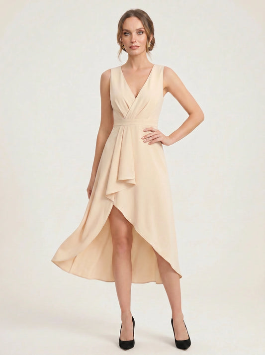 Envela Tuxedo Wrap Midi Dress – Sleeveless Wrap Dress Women Formal Wedding Guest Peach Champagne Midi Dress