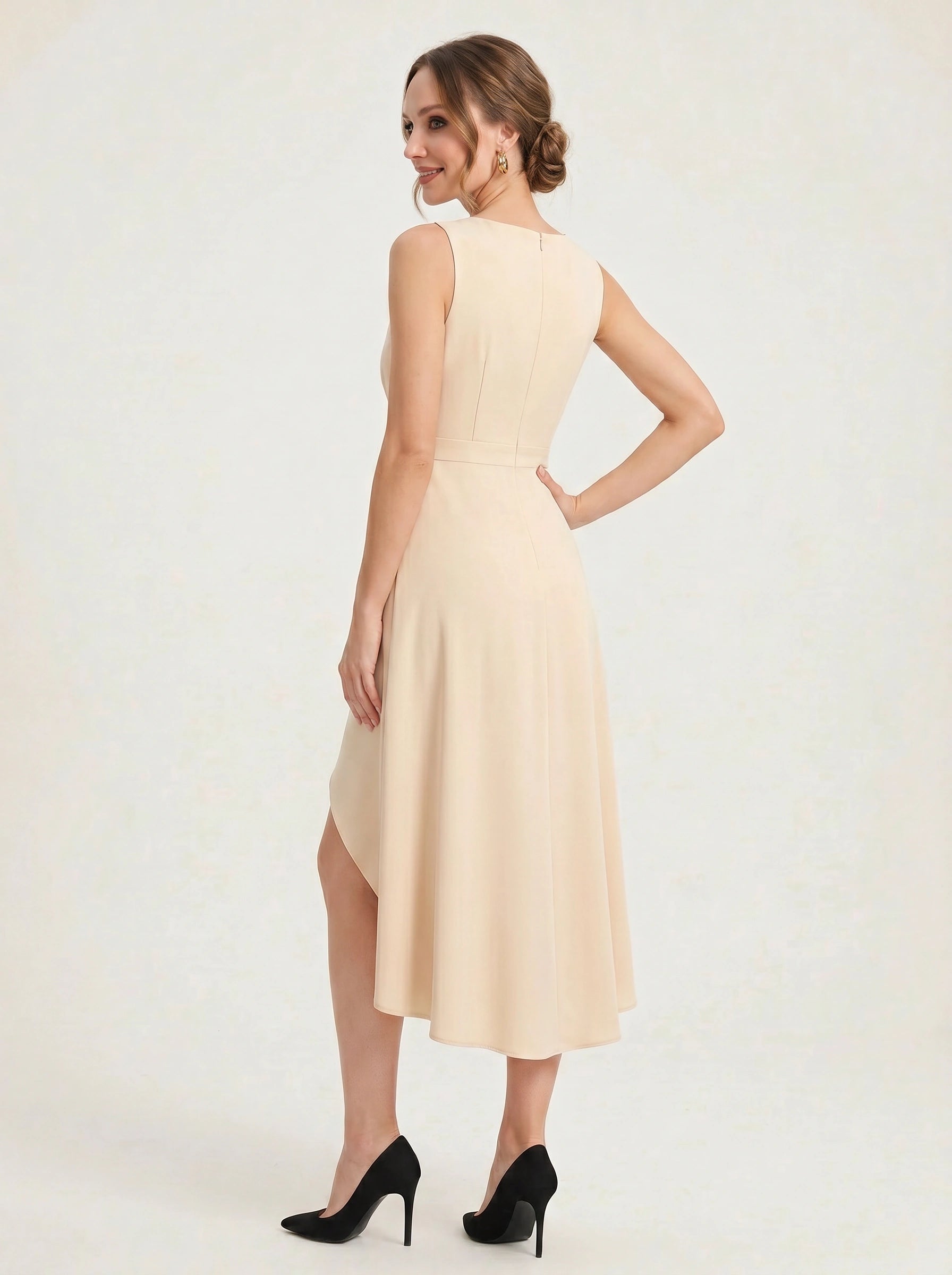 Envela Tuxedo Wrap Midi Dress – Sleeveless Wrap Dress Women Formal Wedding Guest Peach Champagne Midi Dress