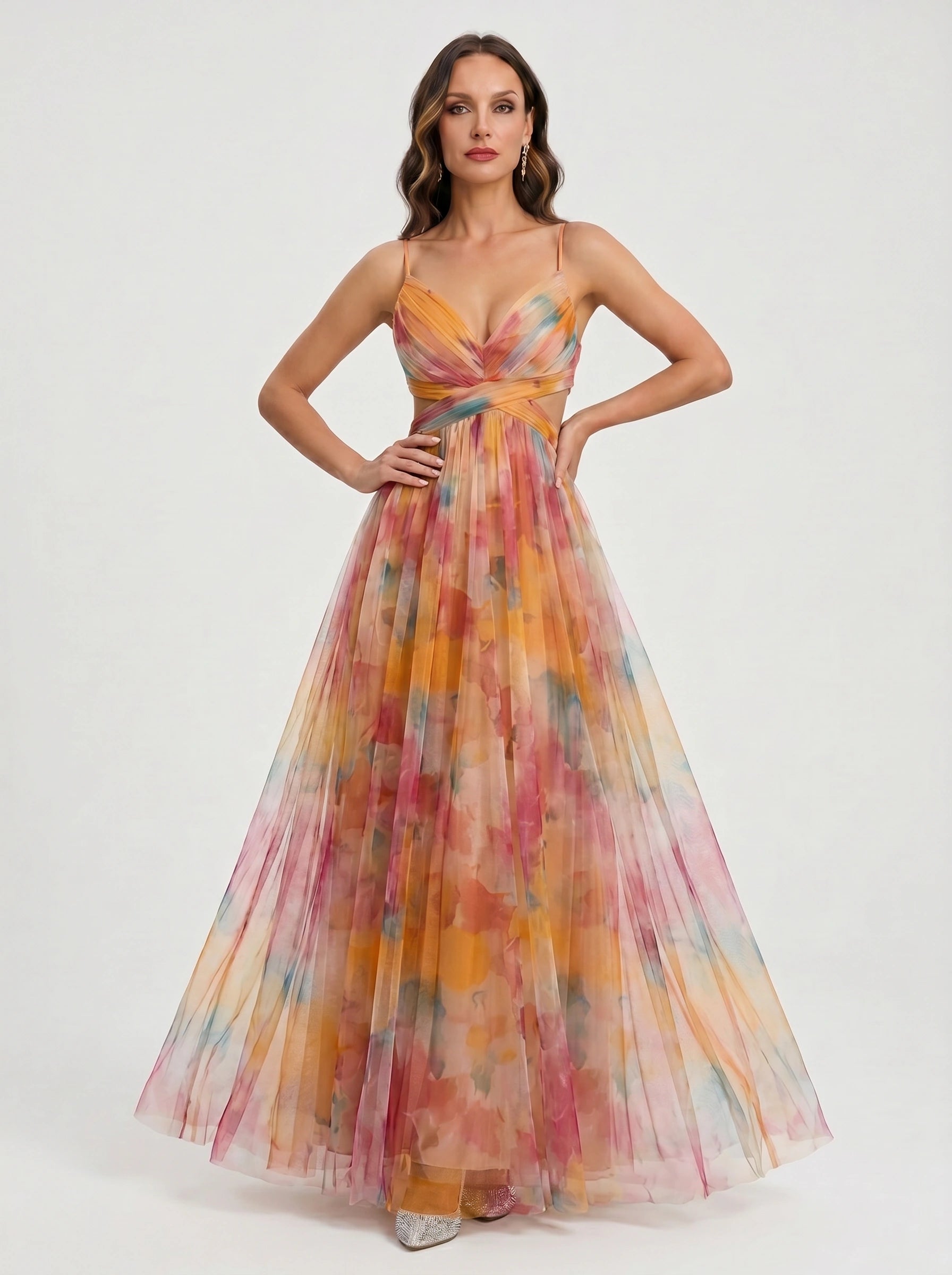 Paintora Tulle Maxi Dress – Wedding Guest Formal Women Watercolor Empire Waist Evening Party Maxi Dress