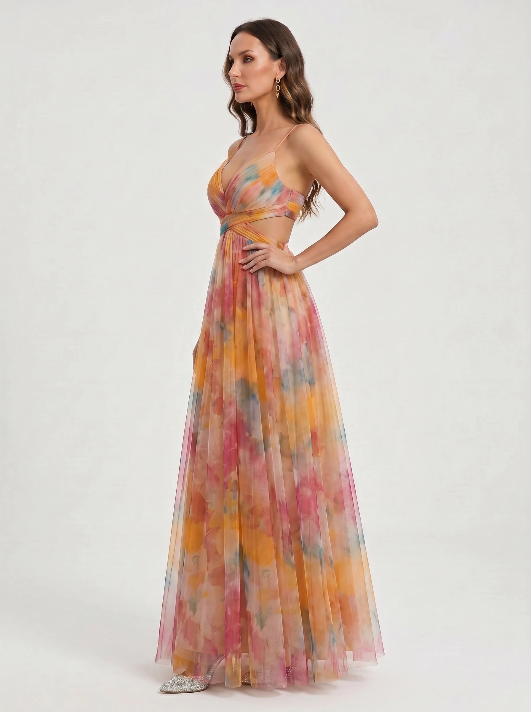 Paintora Tulle Maxi Dress – Wedding Guest Formal Women Watercolor Empire Waist Evening Party Maxi Dress