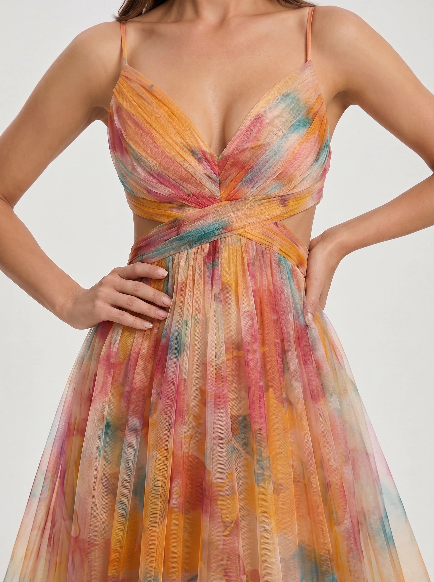 Paintora Tulle Maxi Dress – Wedding Guest Formal Women Watercolor Empire Waist Evening Party Maxi Dress