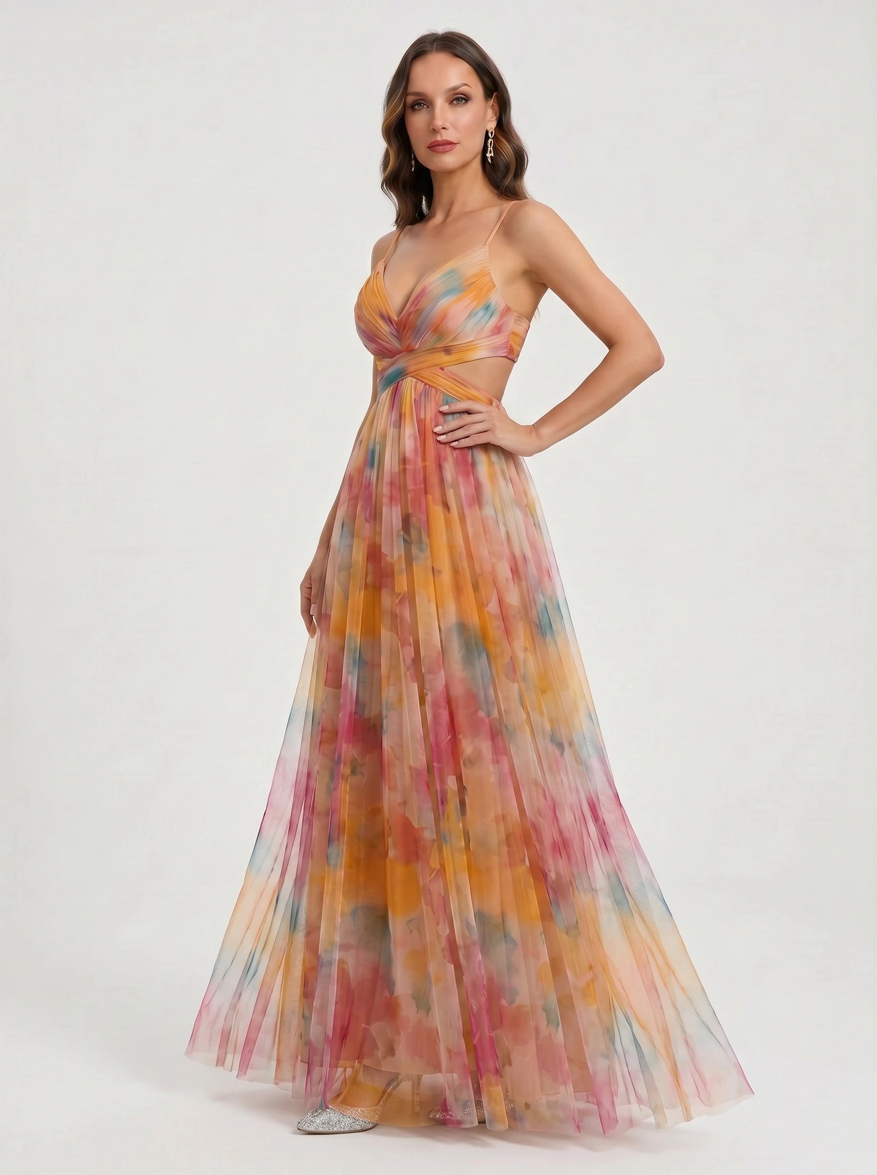 Paintora Tulle Maxi Dress – Wedding Guest Formal Women Watercolor Empire Waist Evening Party Maxi Dress