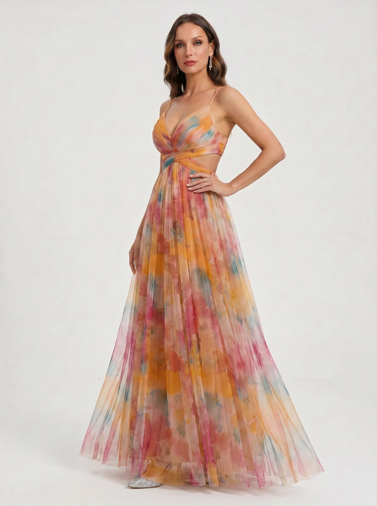 Paintora Tulle Maxi Dress – Wedding Guest Formal Women Watercolor Empire Waist Evening Party Maxi Dress