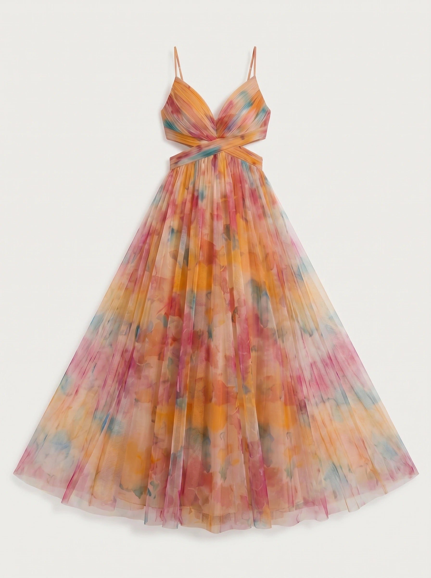Paintora Tulle Maxi Dress – Wedding Guest Formal Women Watercolor Empire Waist Evening Party Maxi Dress