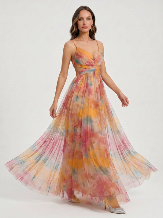 Paintora Tulle Maxi Dress – Wedding Guest Formal Women Watercolor Empire Waist Evening Party Maxi Dress