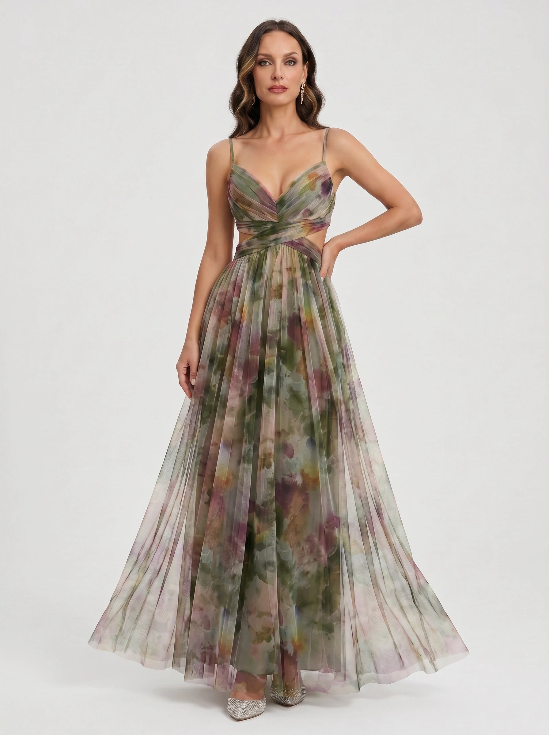 Paintora Tulle Maxi Dress – Wedding Guest Formal Women Watercolor Empire Waist Evening Party Maxi Dress
