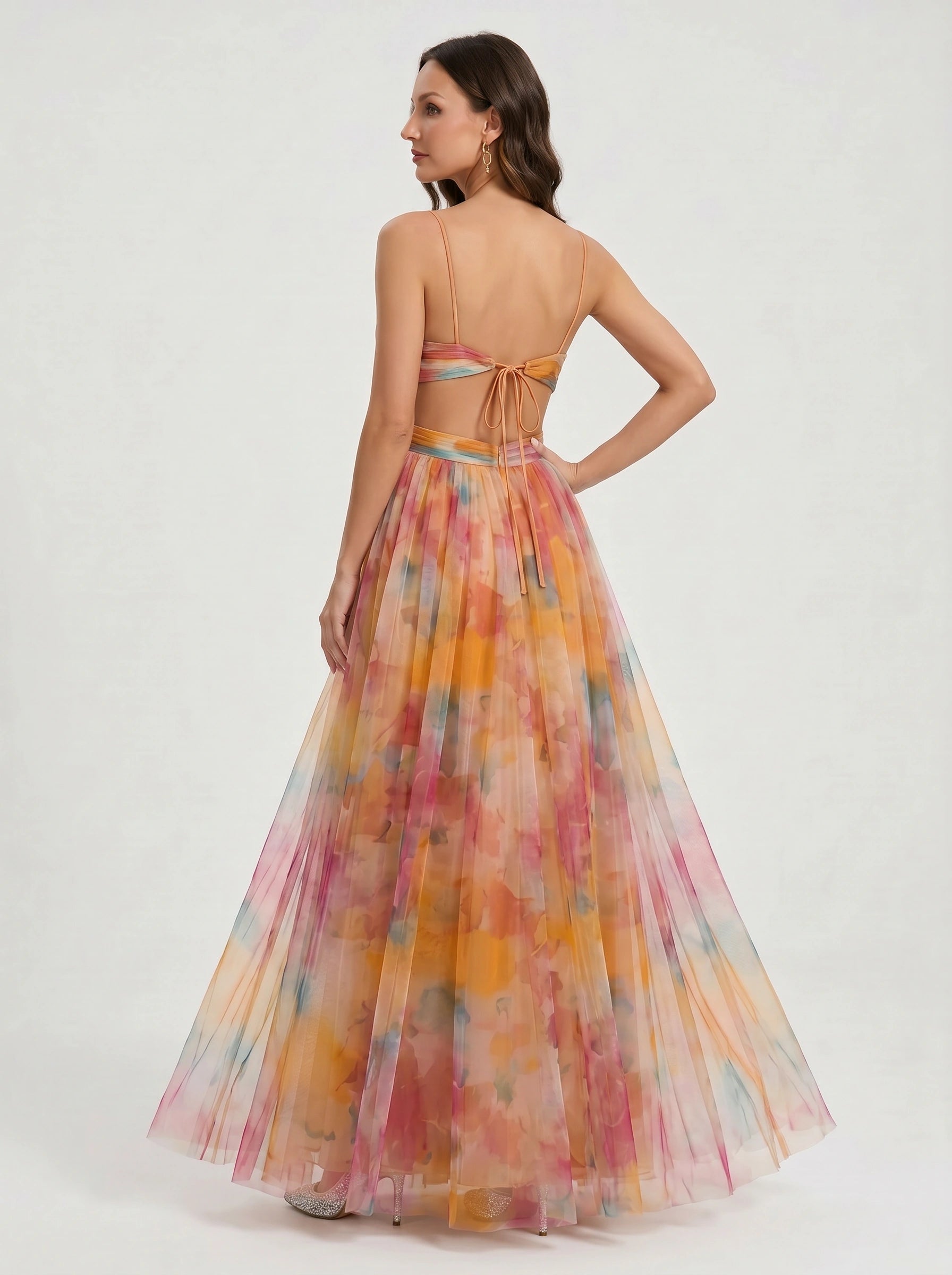 Paintora Tulle Maxi Dress – Wedding Guest Formal Women Watercolor Empire Waist Evening Party Maxi Dress