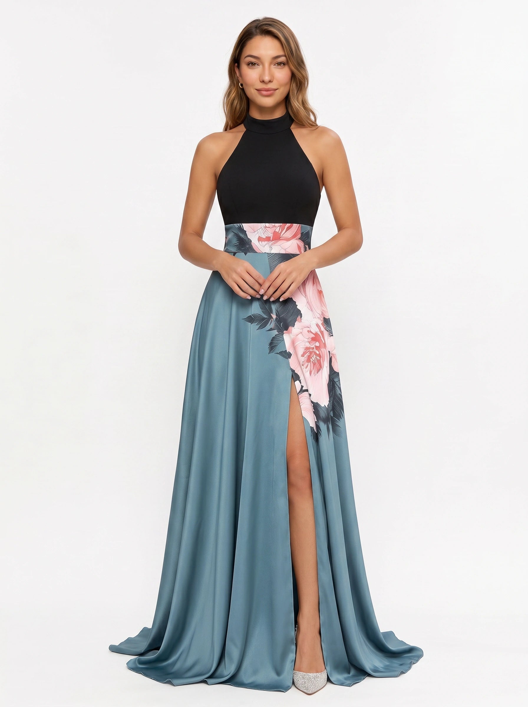 Rosara Halter Neck Floral Maxi Dress – Wedding Guest Formal Evening Slit Women Cocktail Maxi Dress