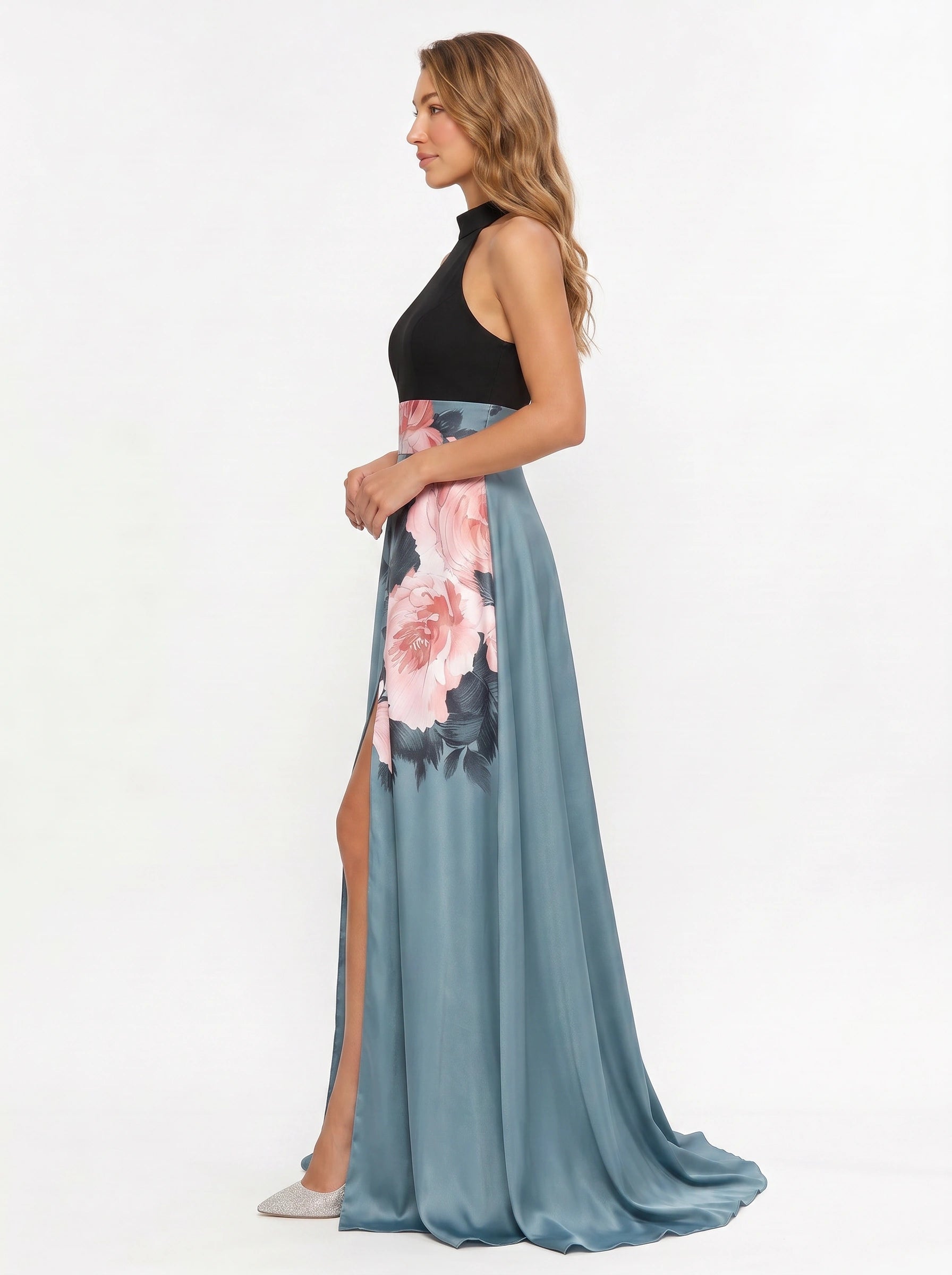 Rosara Halter Neck Floral Maxi Dress – Wedding Guest Formal Evening Slit Women Cocktail Maxi Dress