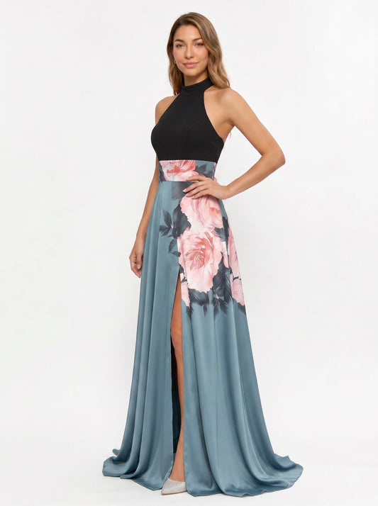 Rosara Halter Neck Floral Maxi Dress – Wedding Guest Formal Evening Slit Women Cocktail Maxi Dress