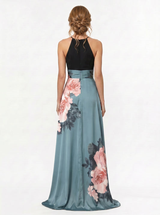 Rosara Halter Neck Floral Maxi Dress – Wedding Guest Formal Evening Slit Women Cocktail Maxi Dress