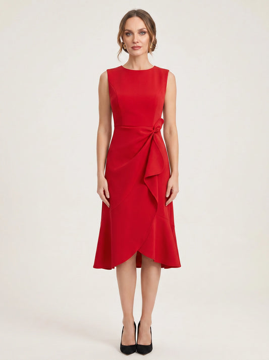 Crimsonwave Tie-Waist Midi Dress – Red Dress Women Formal Cocktail Wedding Guest Summer Elegant Midi Dress