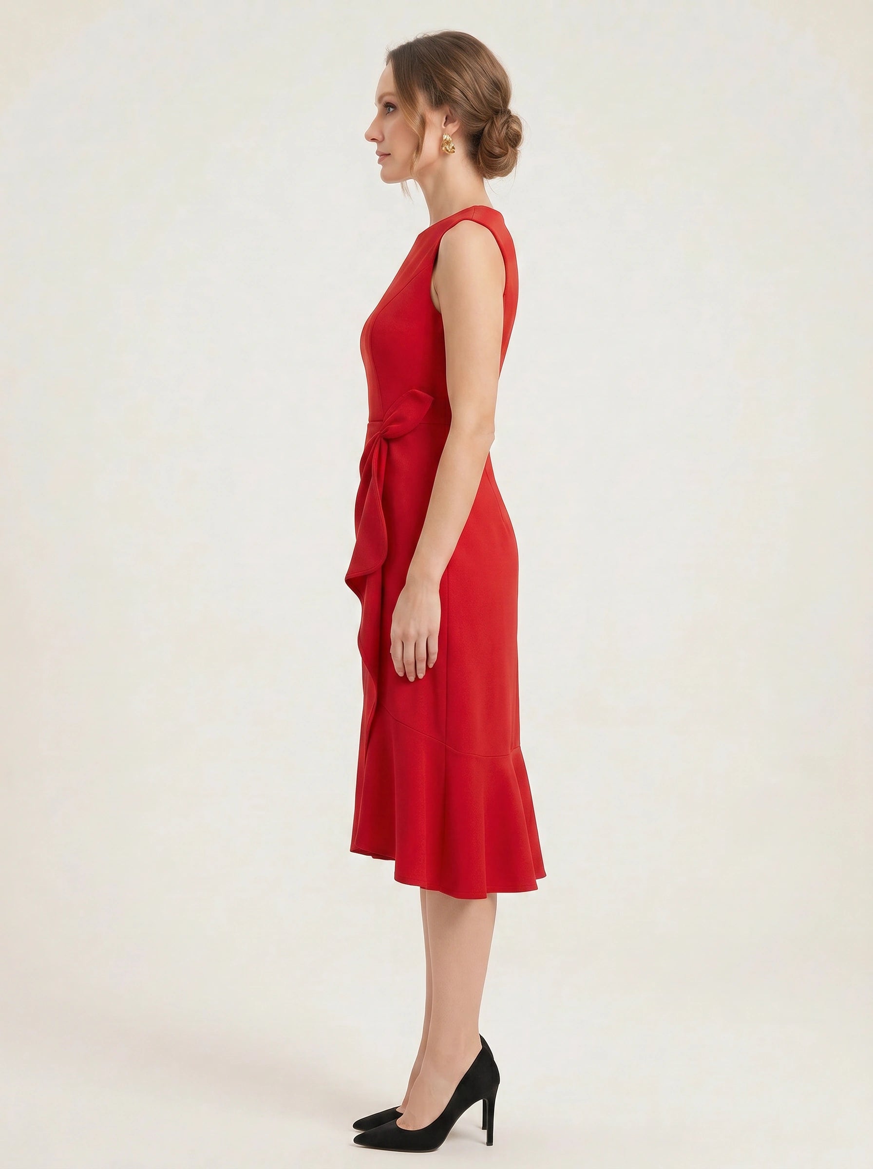 Crimsonwave Tie-Waist Midi Dress – Red Dress Women Formal Cocktail Wedding Guest Summer Elegant Midi Dress