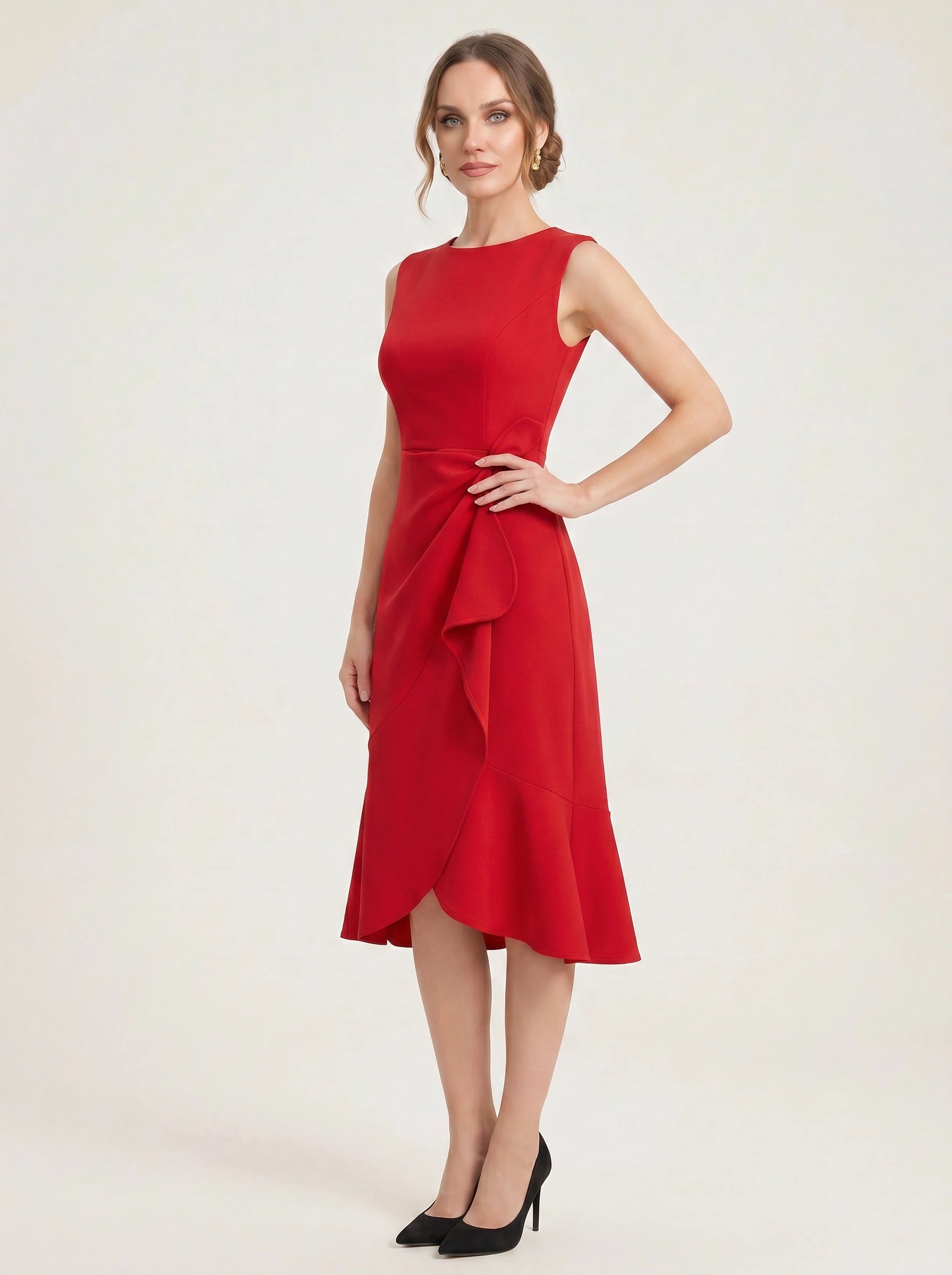 Crimsonwave Tie-Waist Midi Dress – Red Dress Women Formal Cocktail Wedding Guest Summer Elegant Midi Dress
