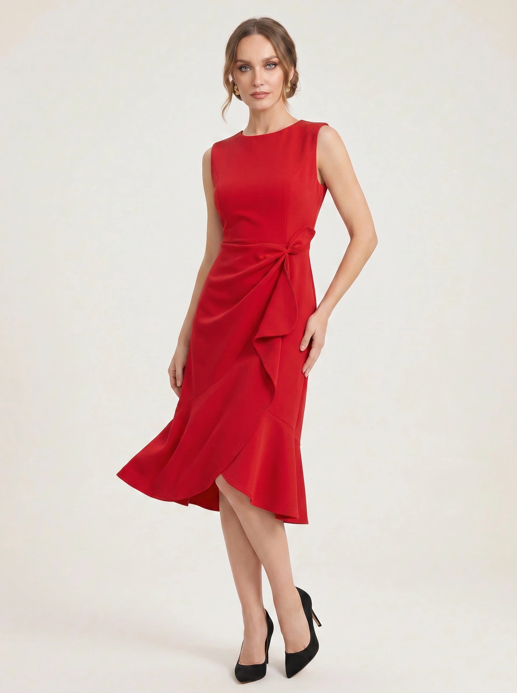 Crimsonwave Tie-Waist Midi Dress – Red Dress Women Formal Cocktail Wedding Guest Summer Elegant Midi Dress